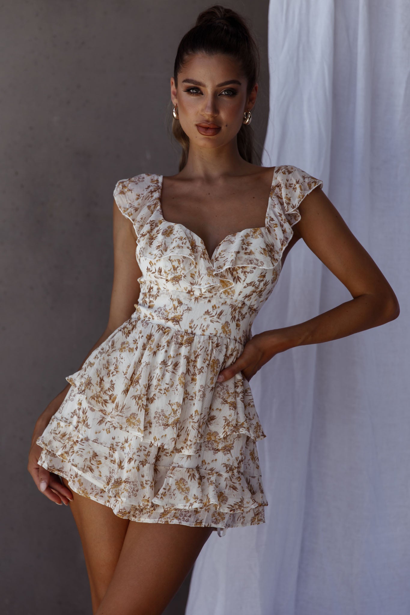 Revel Ruffle Trim Tied Back Romper Floral Yellow by Selfie Leslie