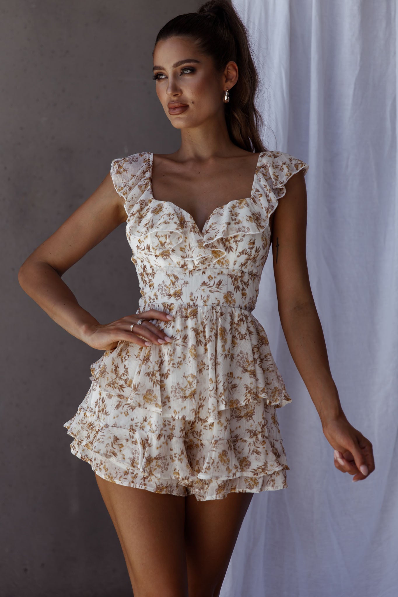 Revel Ruffle Trim Tied Back Romper Floral Yellow by Selfie Leslie