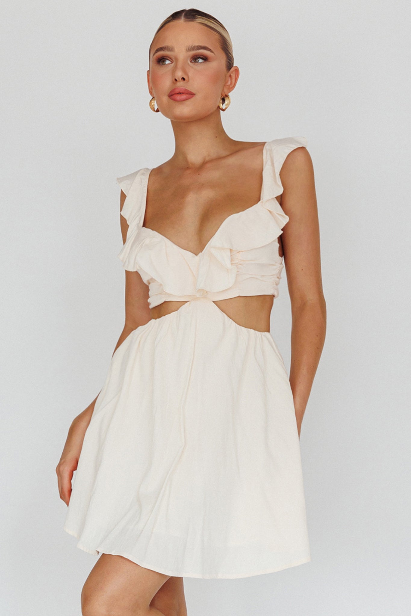 Revel Ruffle Trim Cut-Out Waist Dress Ivory by Selfie Leslie