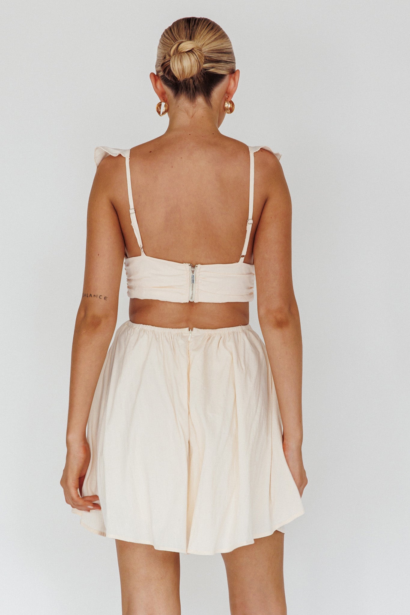 Revel Ruffle Trim Cut-Out Waist Dress Ivory by Selfie Leslie
