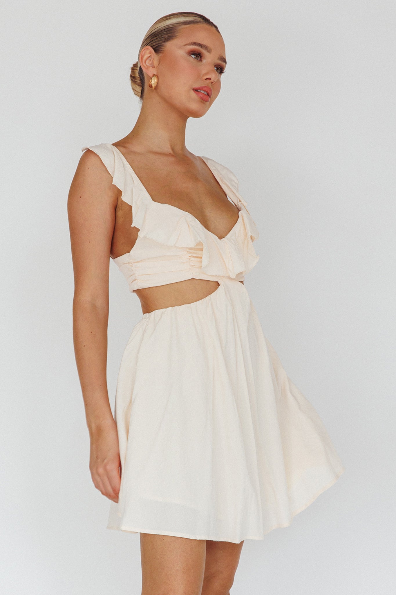 Revel Ruffle Trim Cut-Out Waist Dress Ivory by Selfie Leslie
