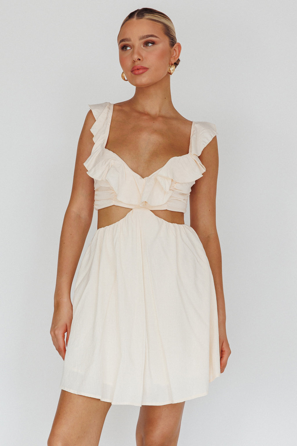 Revel Ruffle Trim Cut-Out Waist Dress Ivory by Selfie Leslie