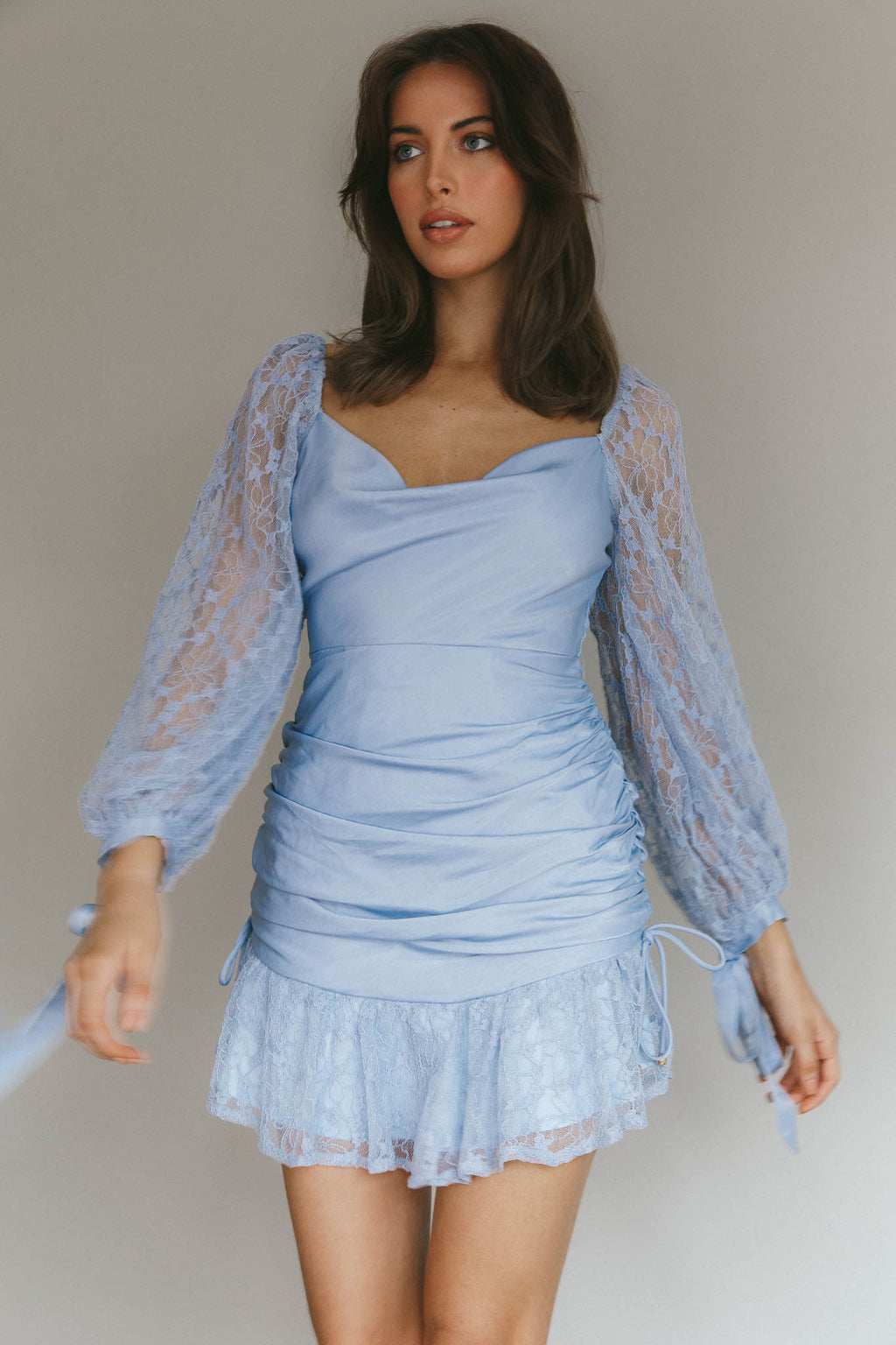 With Love Long Sleeve Lace Mini Dress Blue by Selfie Leslie