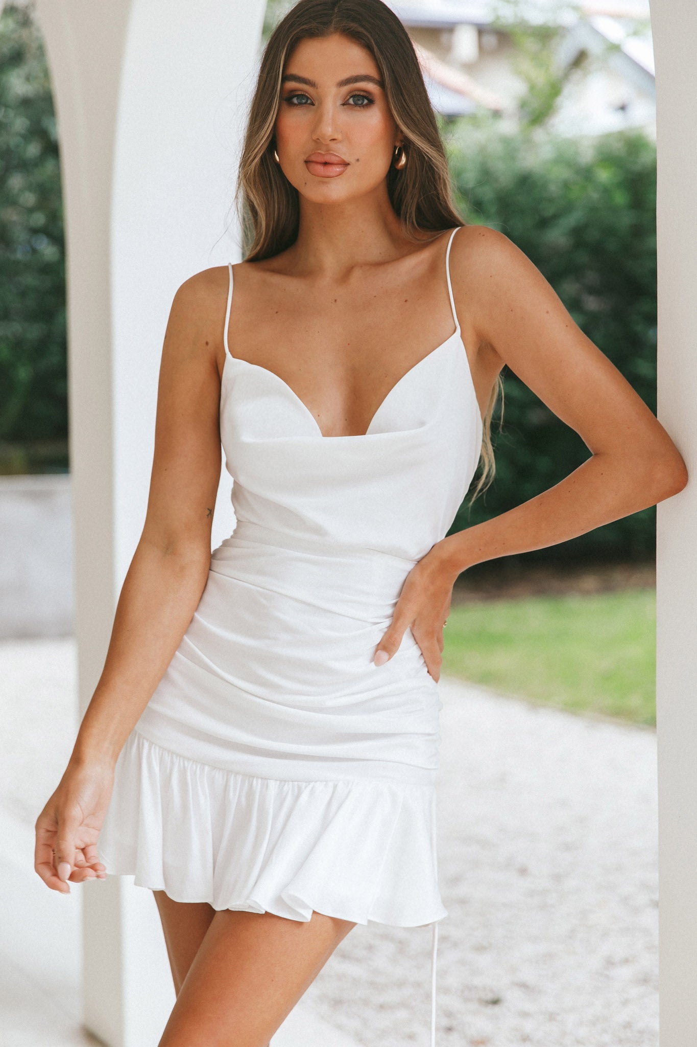 satin white mini dress With Love Cowl Neck Mini Dress White