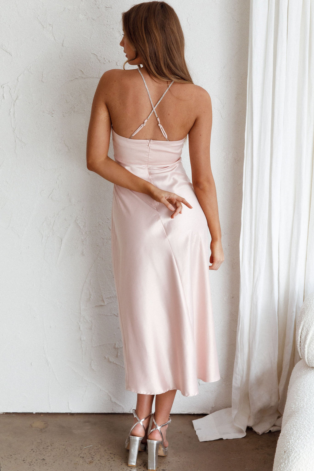 Venetia Diamante Strap Midi Dress Blush by Selfie Leslie