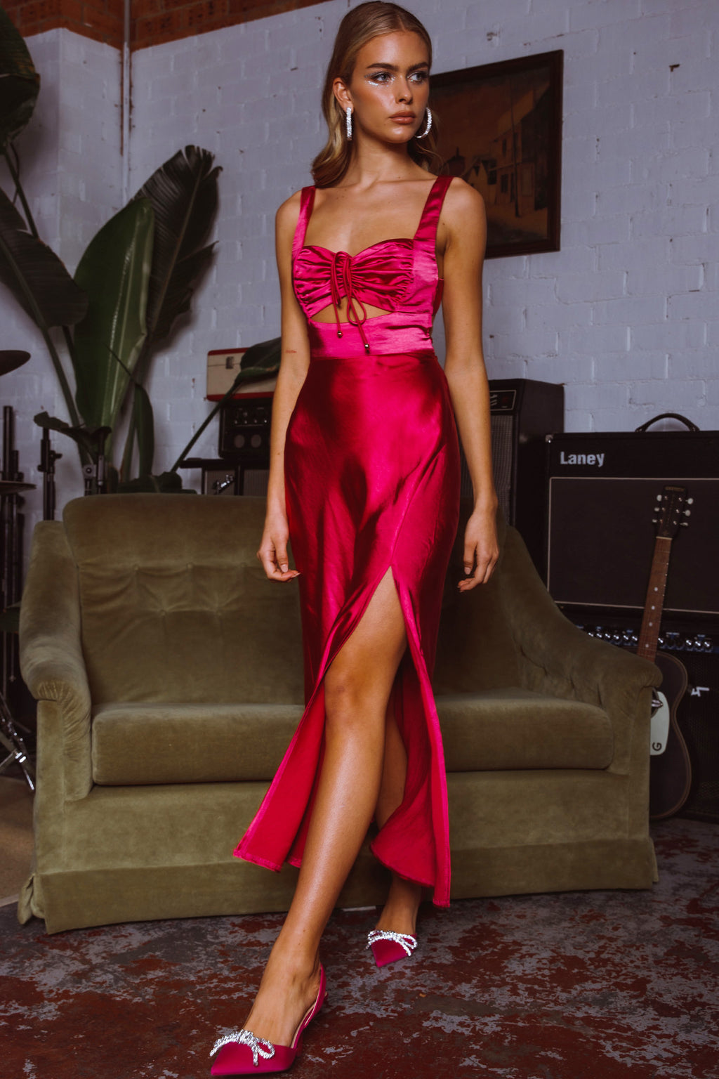 Belle Epoque Drawstring Bust Midi Dress Hot Pink by Selfie Leslie