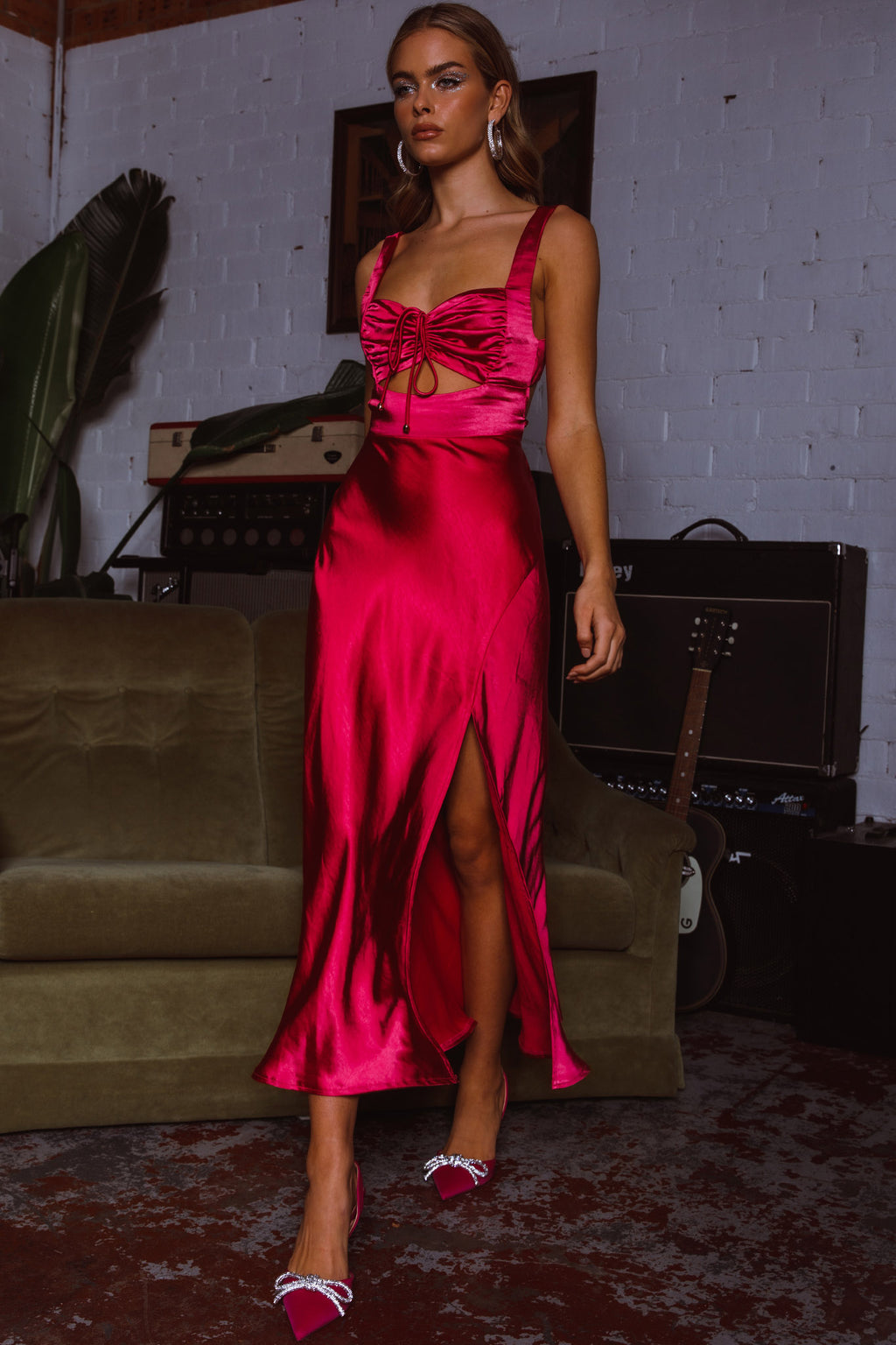 Belle Epoque Drawstring Bust Midi Dress Hot Pink by Selfie Leslie