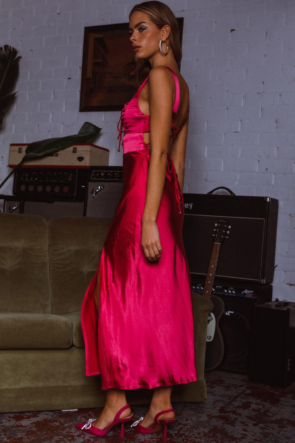 Belle Epoque Drawstring Bust Midi Dress Hot Pink by Selfie Leslie