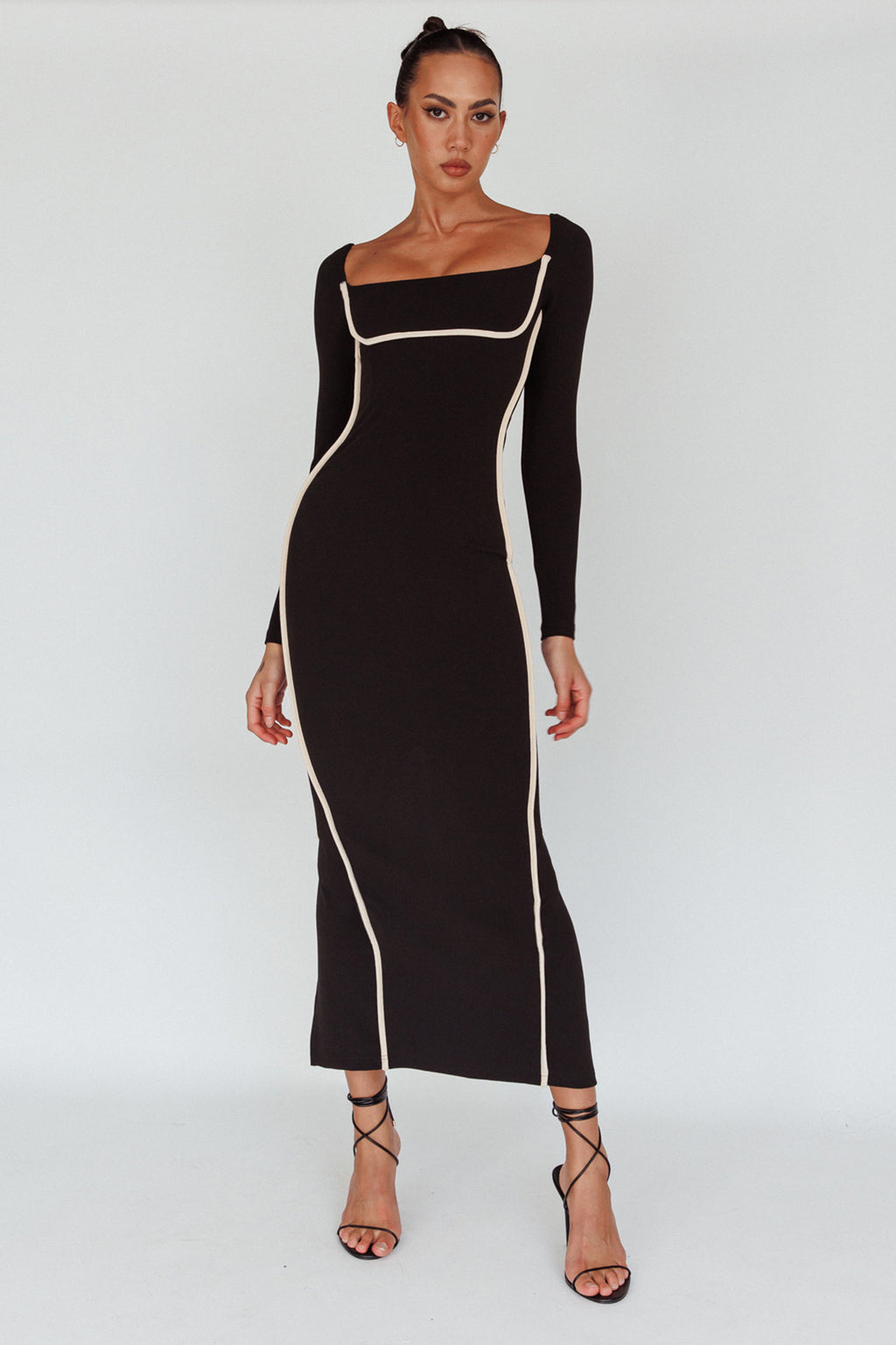 Sunny Coast Long Sleeve Piping Maxi Dress Black by Selfie Leslie