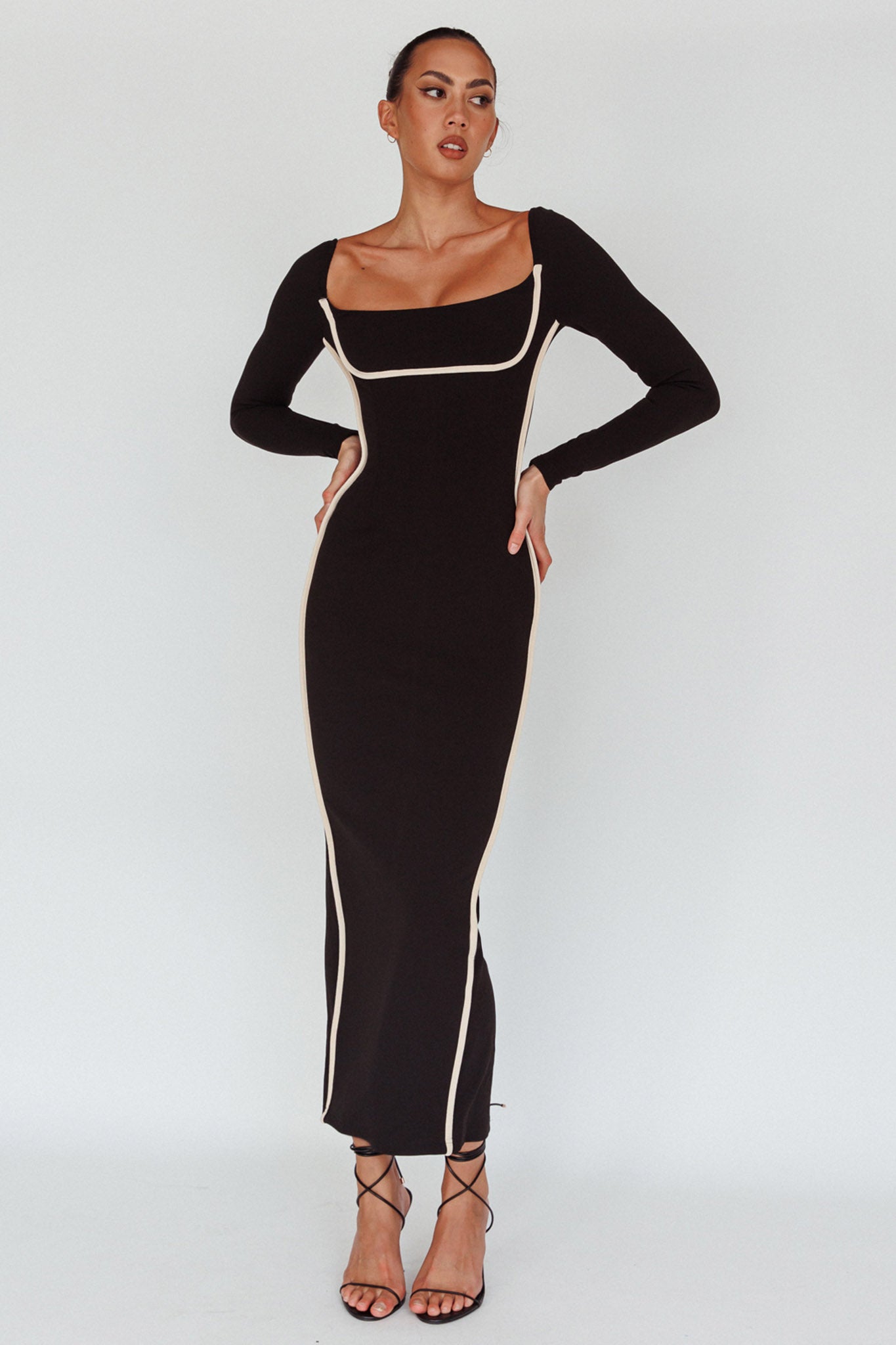Sunny Coast Long Sleeve Piping Maxi Dress Black– Selfie Leslie