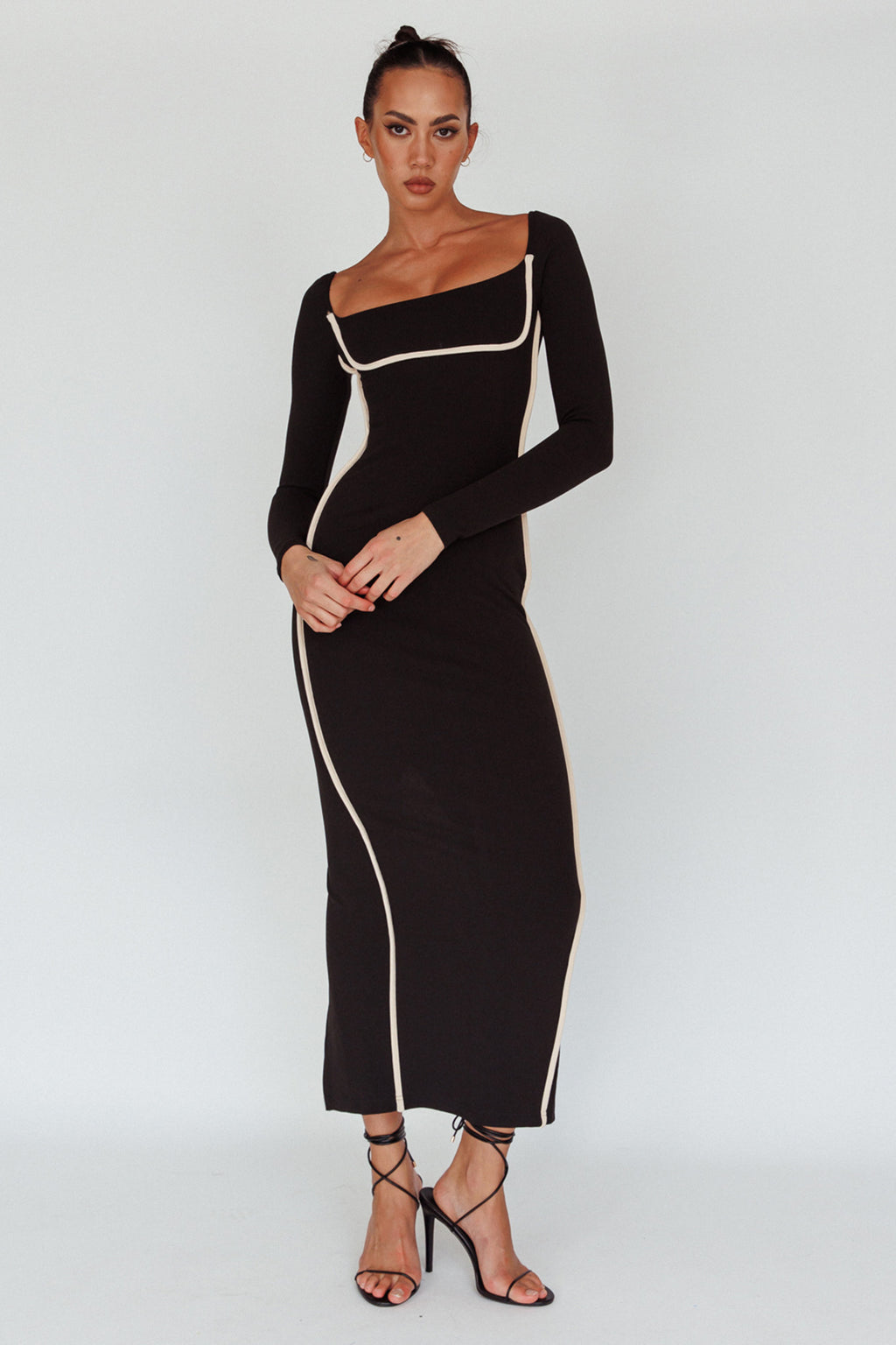 Sunny Coast Long Sleeve Piping Maxi Dress Black by Selfie Leslie