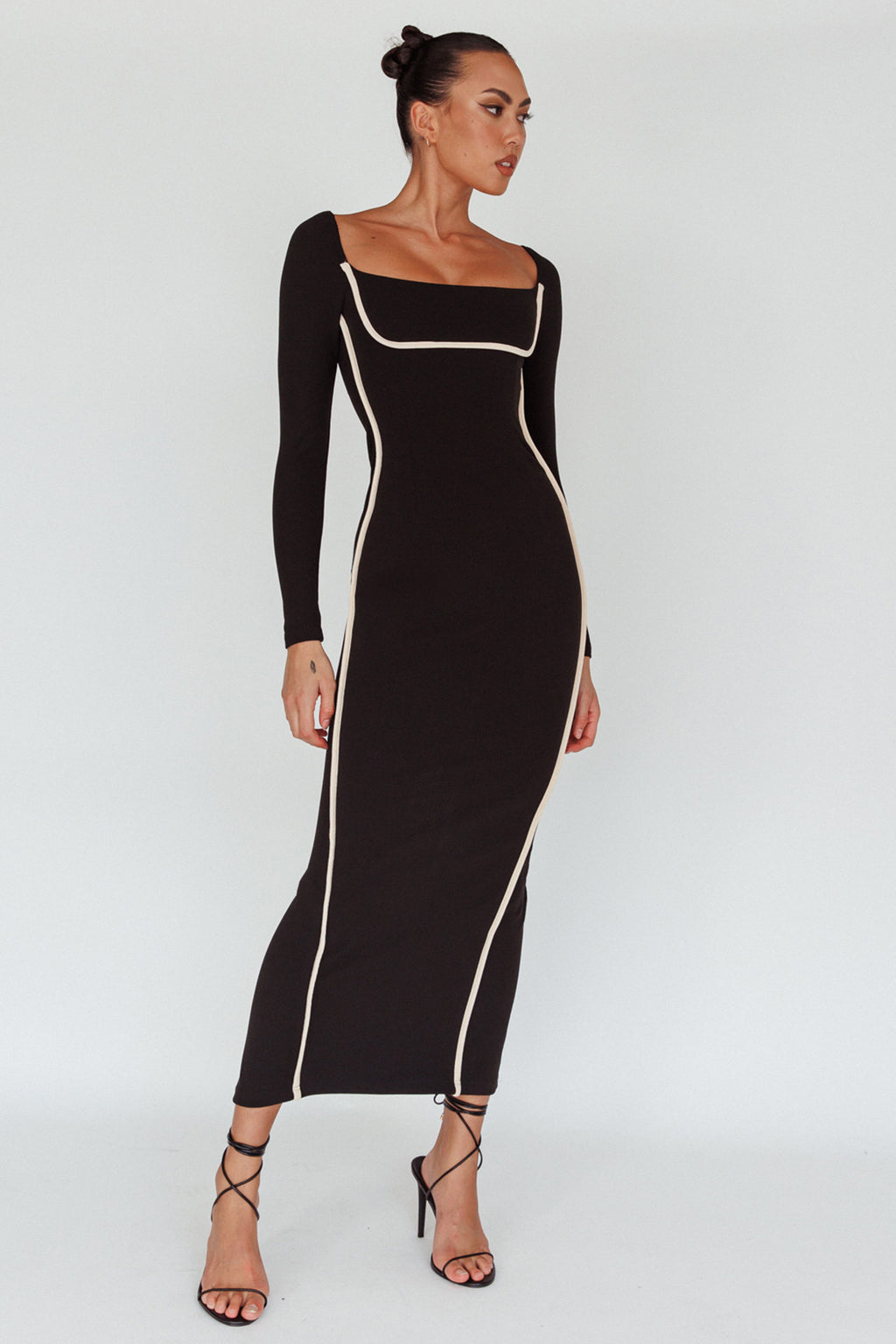 Sunny Coast Long Sleeve Piping Maxi Dress Black by Selfie Leslie