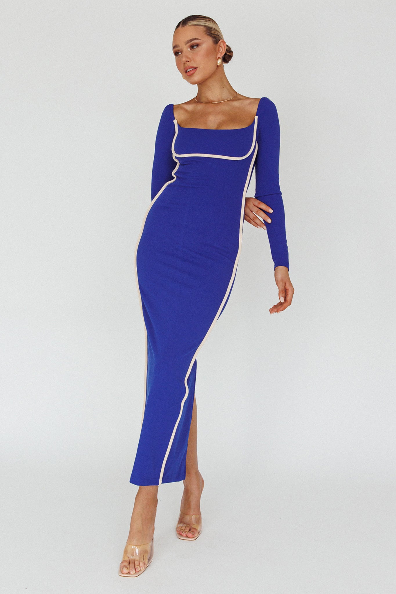 Sunny Coast Long Sleeve Piping Maxi Dress Blue | Selfie Leslie Sunny Coast Long Sleeve Piping Maxi Dress Blue | Selfie Leslie