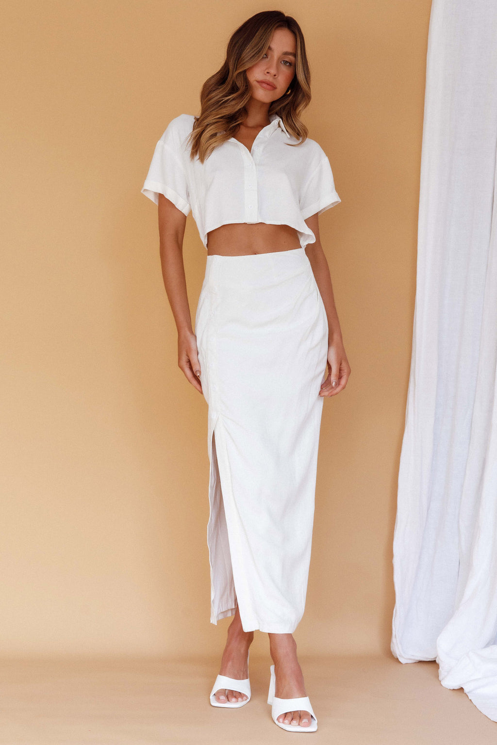 Cool It Cut-Out Waist Button Midi Dress Bone by Selfie Leslie