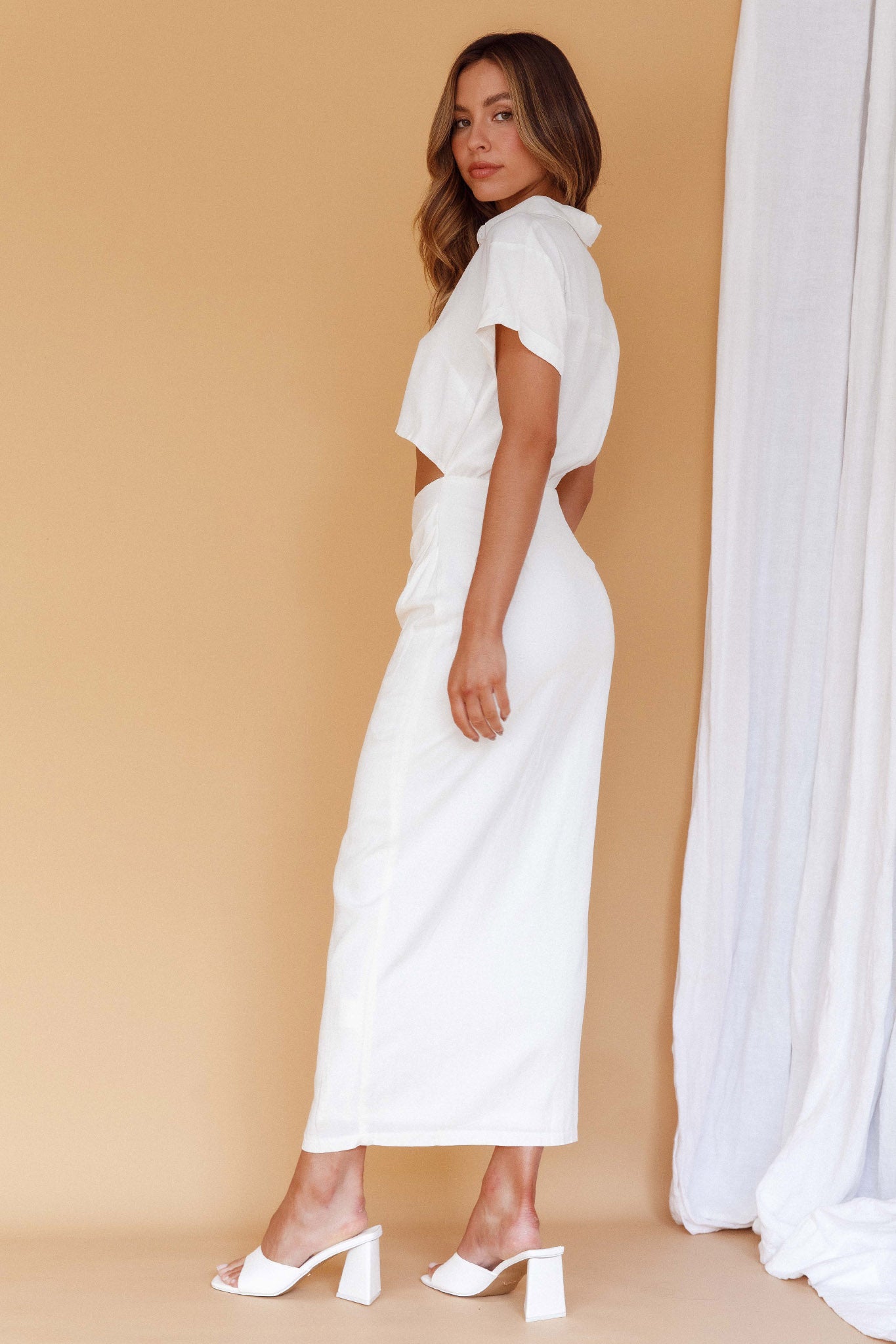 Cool It Cut-Out Waist Button Midi Dress Bone by Selfie Leslie
