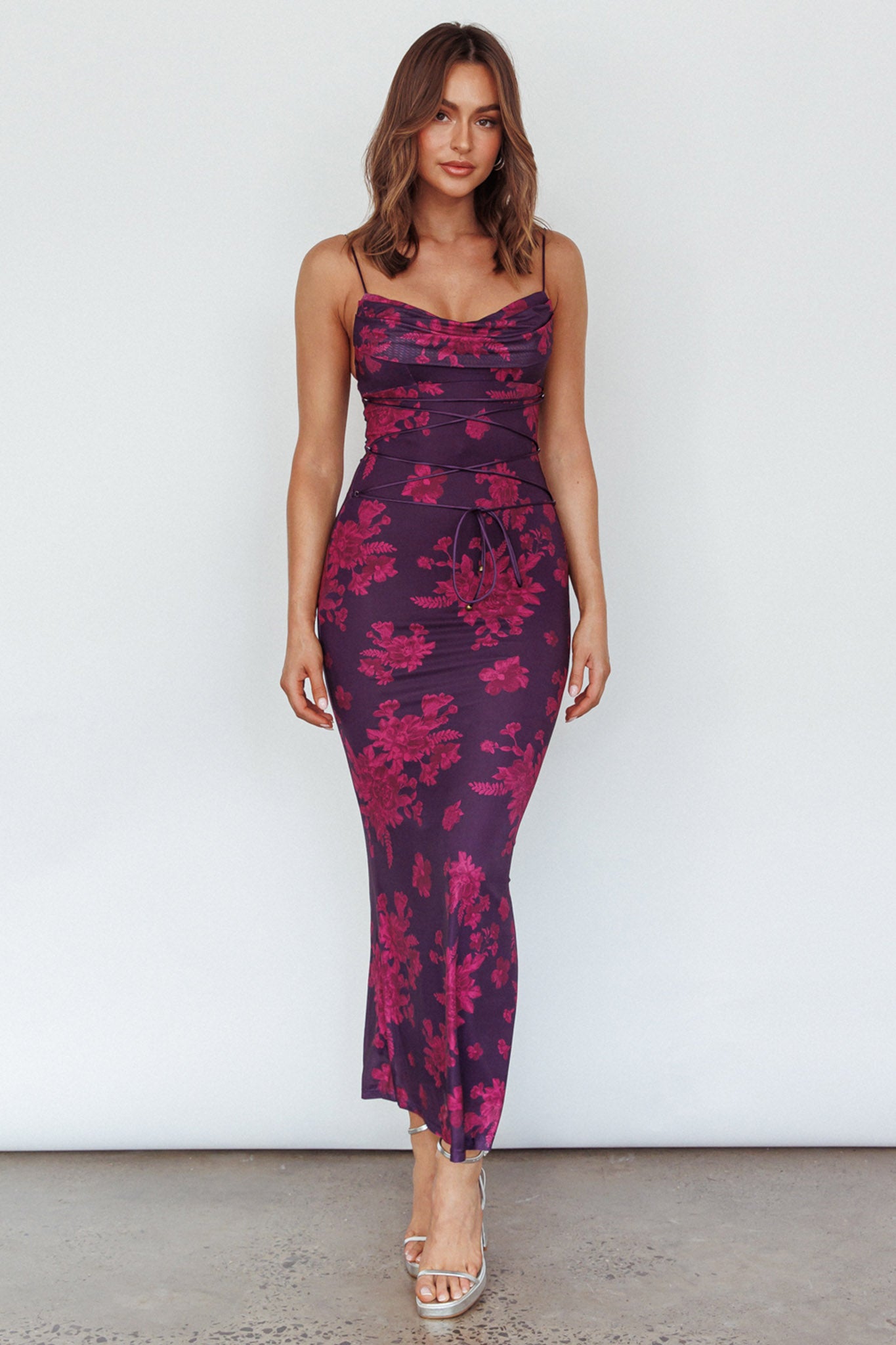 Teava Laced Waist Maxi Dress Floral Grape - S Teava Laced Waist Maxi Dress Floral Grape - S