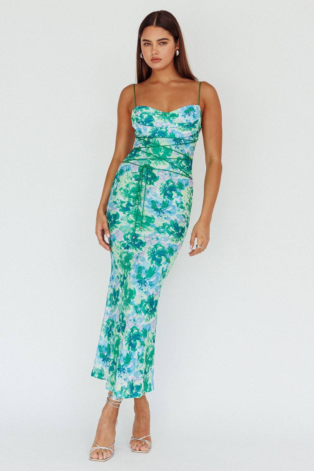 Teava Laced Waist Midi Dress Floral Green by Selfie Leslie