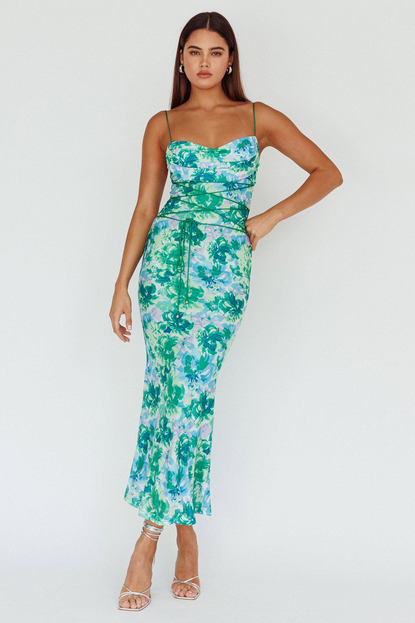 Teava Laced Waist Midi Dress Floral Green by Selfie Leslie