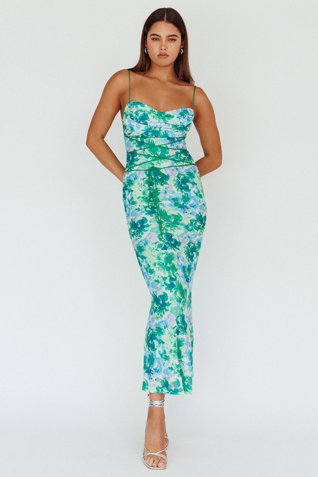 Teava Laced Waist Midi Dress Floral Green by Selfie Leslie