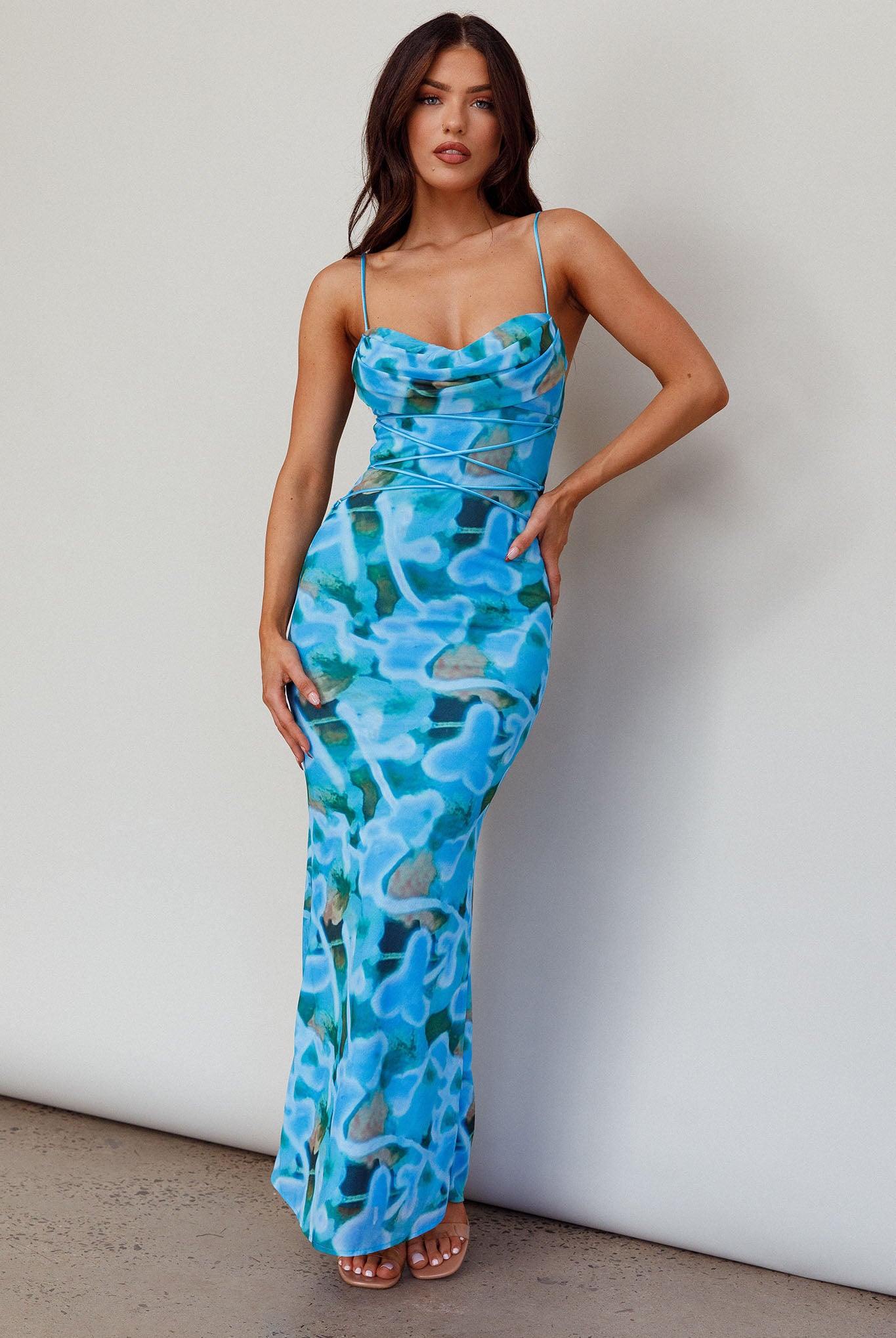 Teava Laced Waist Midi Dress Abstract Blue Crush by Selfie Leslie