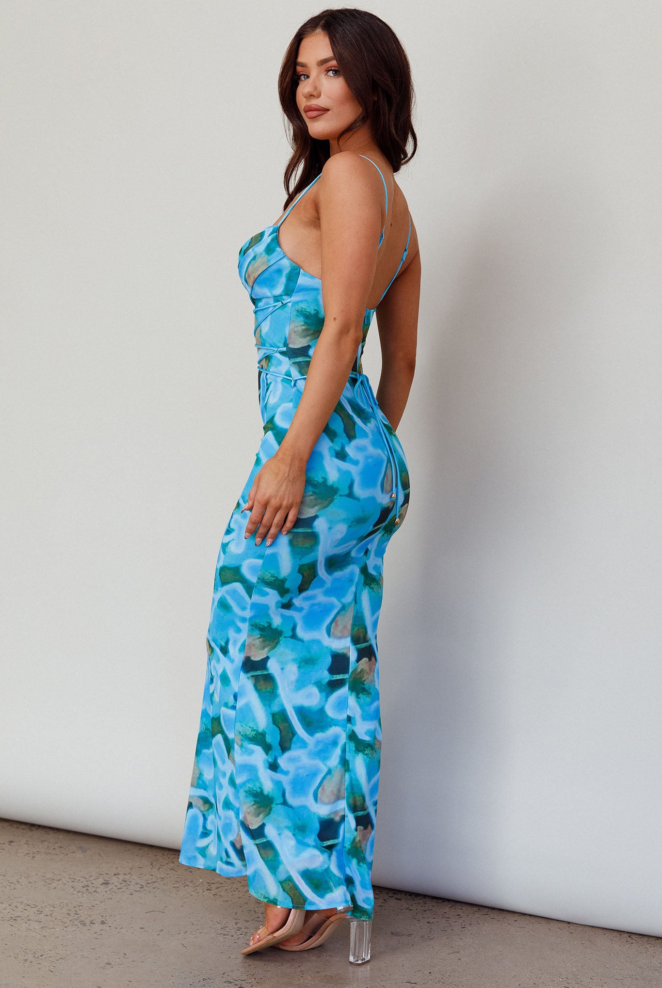 Teava Laced Waist Midi Dress Abstract Blue Crush by Selfie Leslie