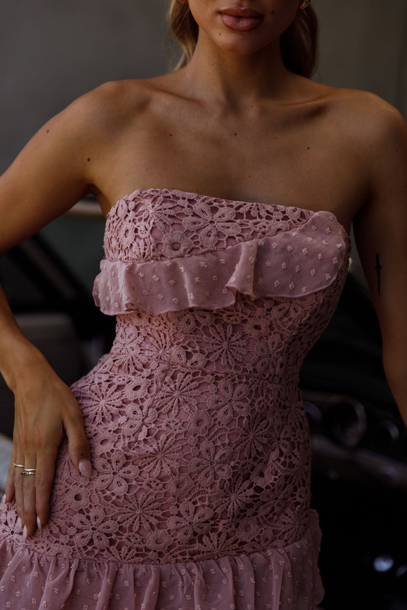 Monte Carlo Strapless Ruffle Dress Blush by Selfie Leslie