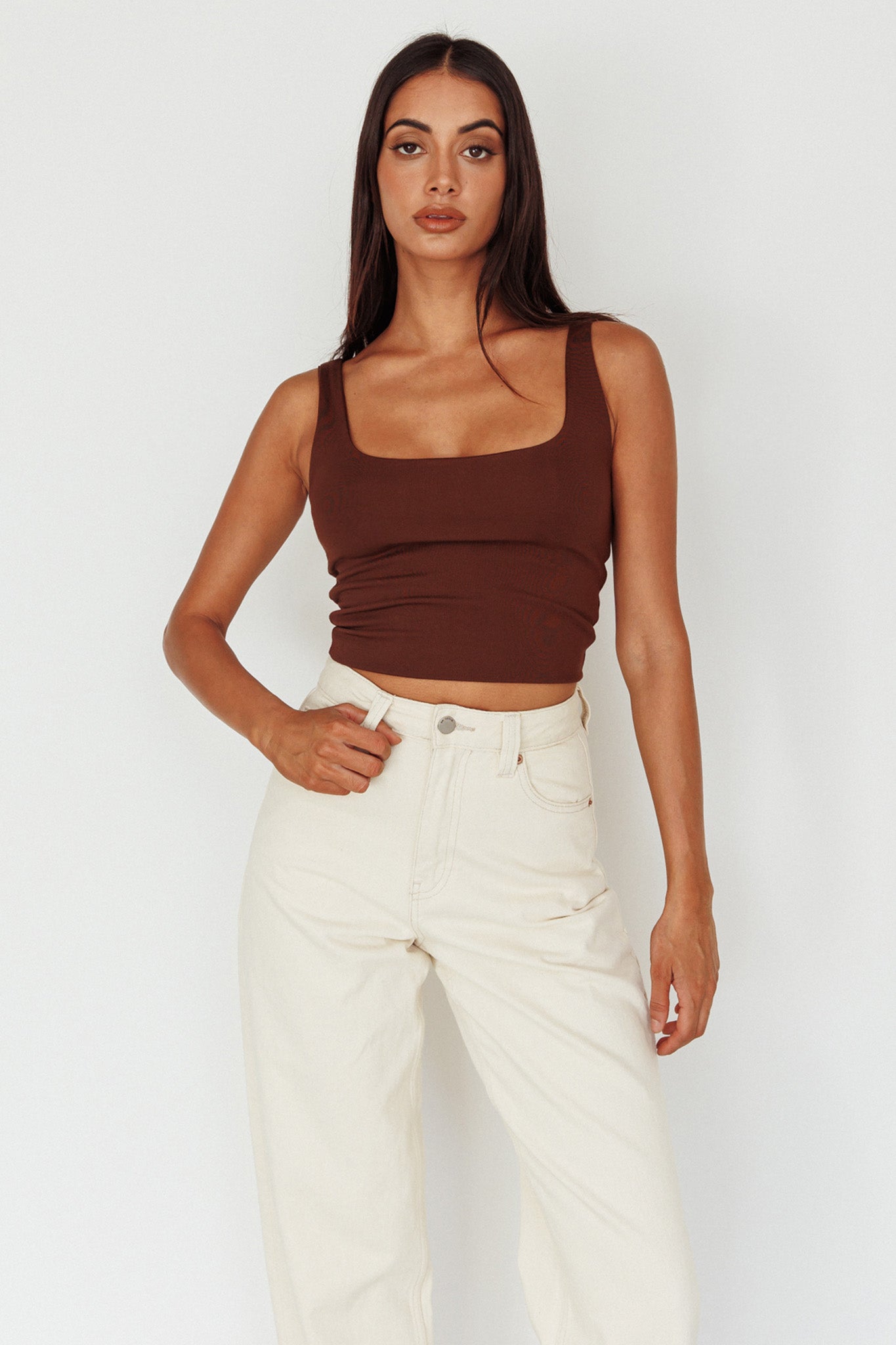 Pali U-Neckline Crop Top Brown by Selfie Leslie