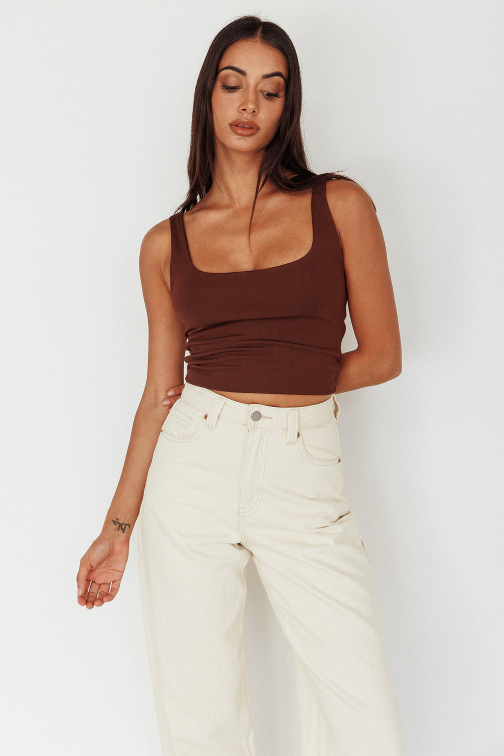Pali U-Neckline Crop Top Brown by Selfie Leslie