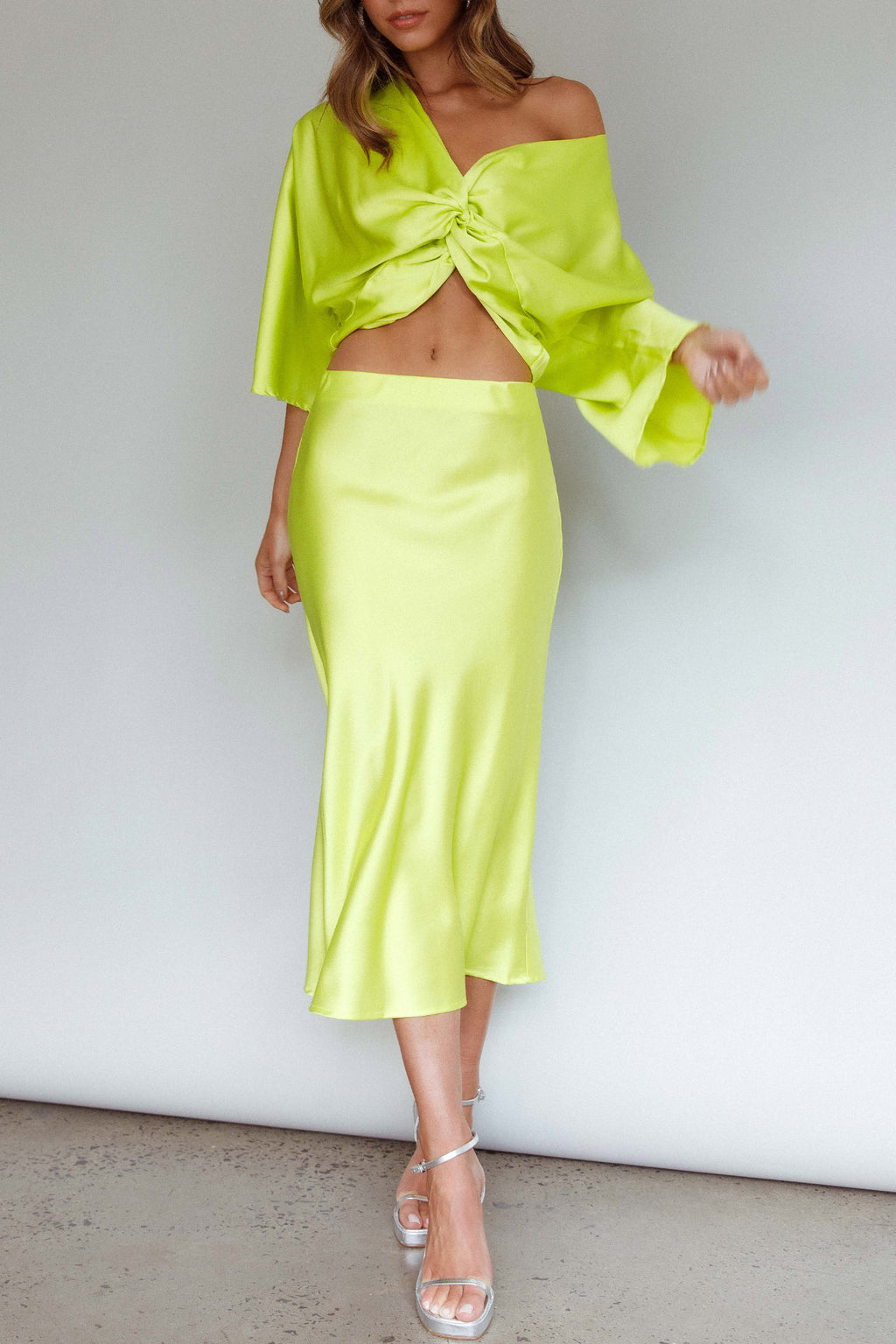 Lolah Satin Midi Skirt Citron by Selfie Leslie