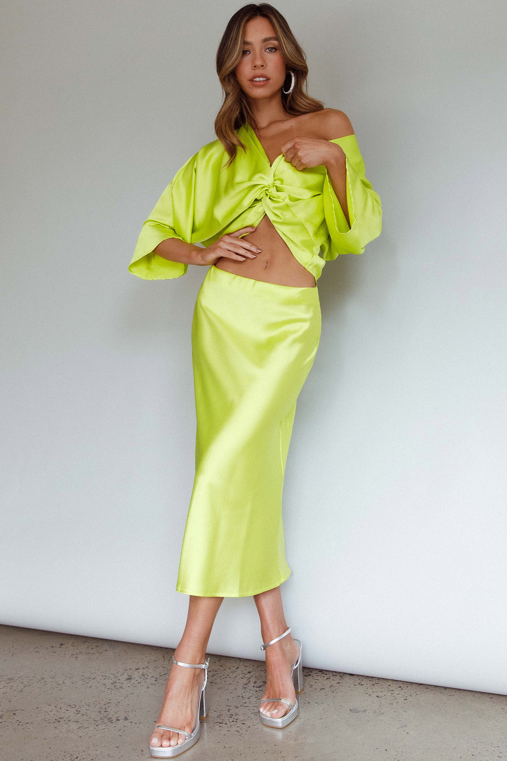 Lolah Satin Midi Skirt Citron by Selfie Leslie