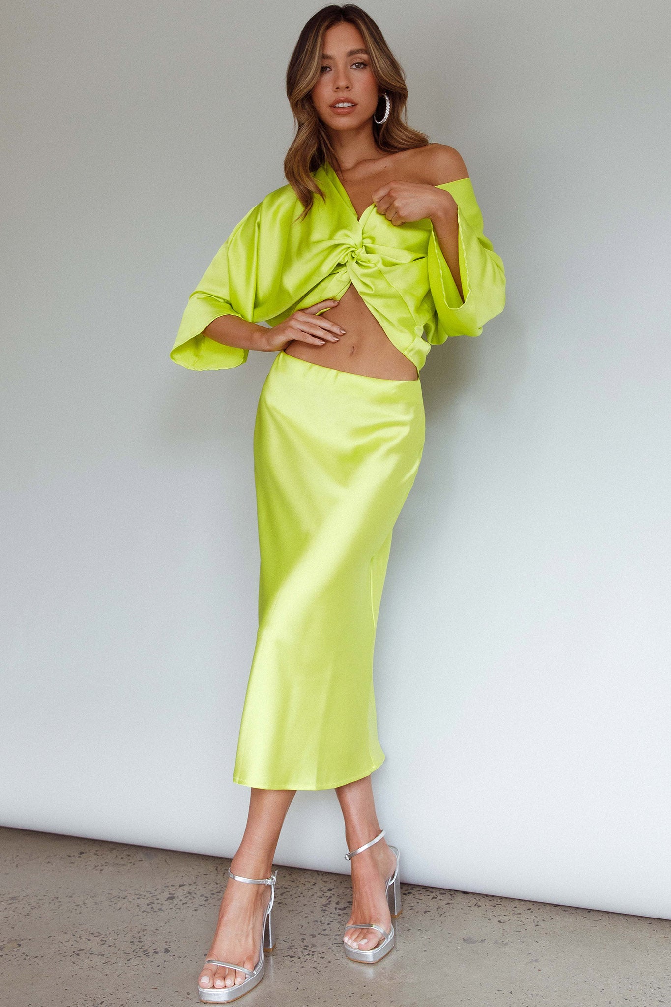 Lolah Satin Midi Skirt Citron by Selfie Leslie