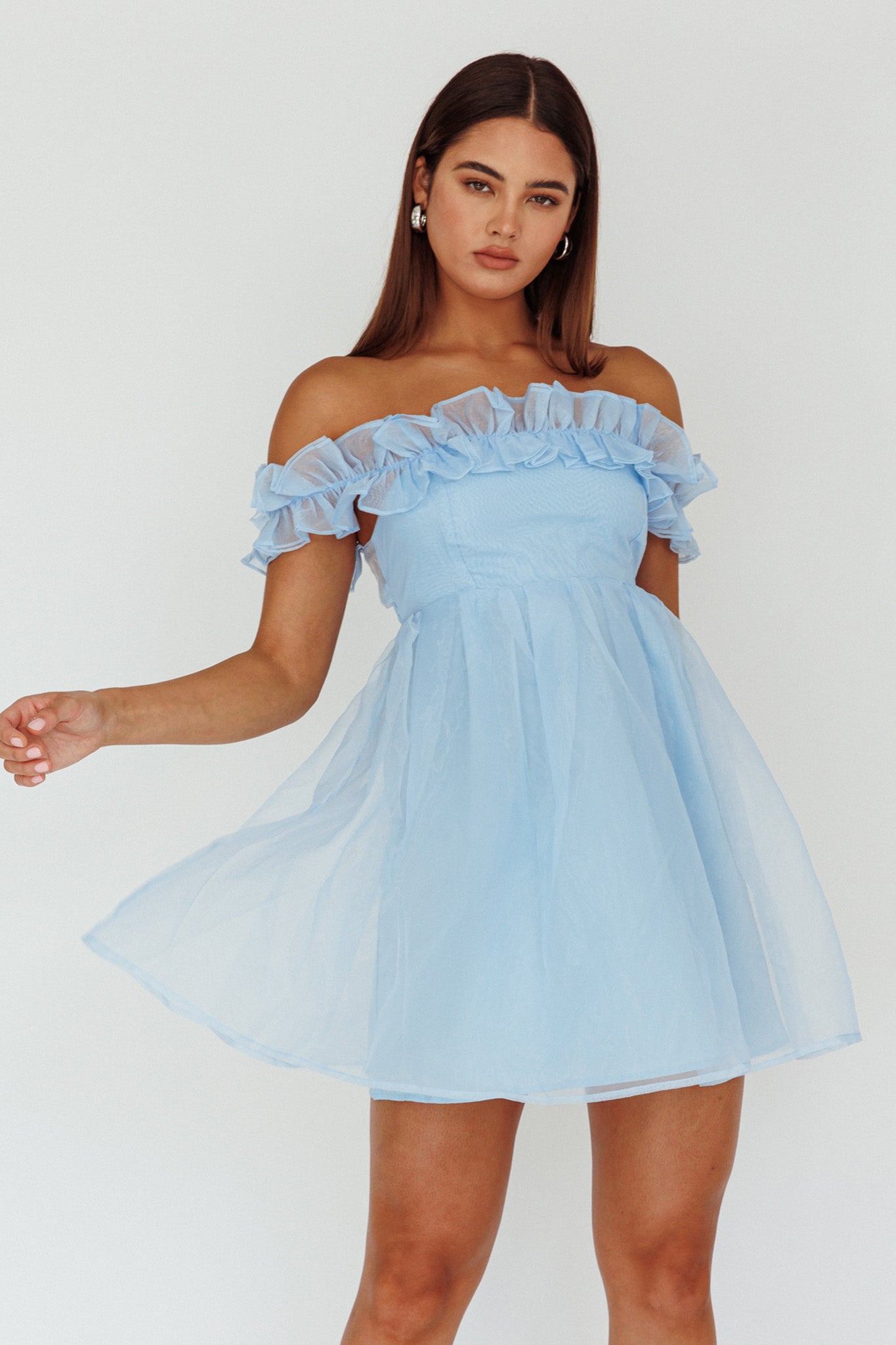 Dreamers Off-Shoulder Frill Mini Dress Light Blue by Selfie Leslie