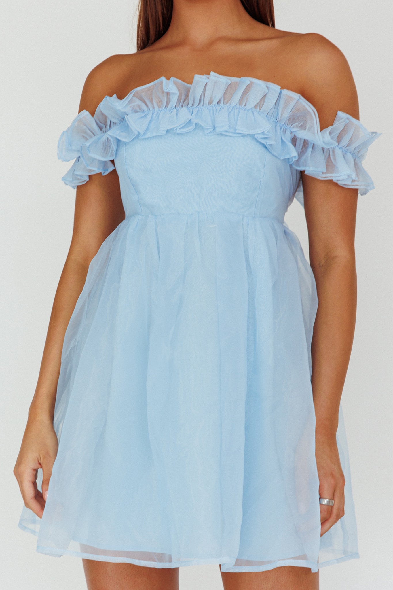 Dreamers Off-Shoulder Frill Mini Dress Light Blue by Selfie Leslie