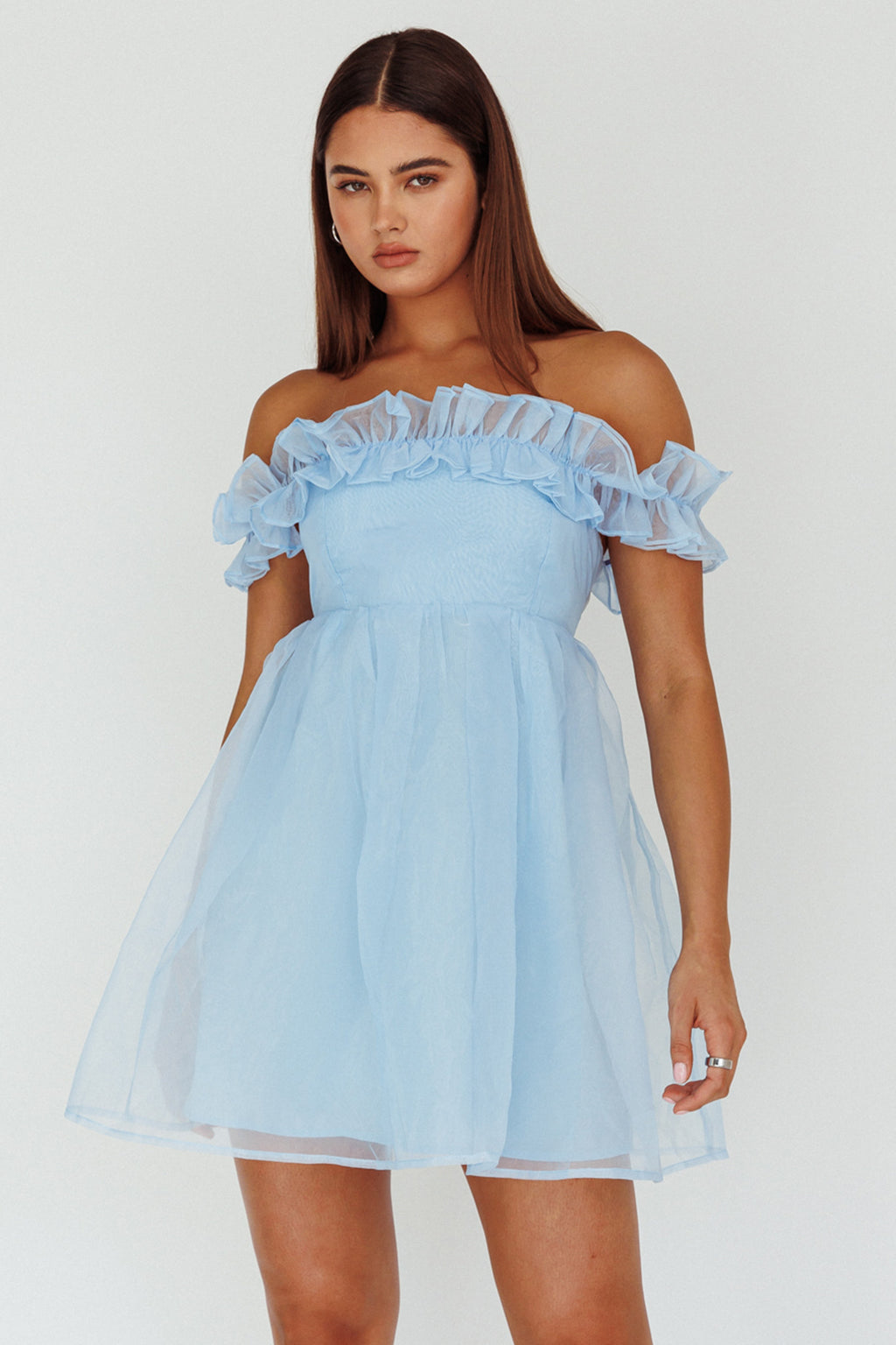 Dreamers Off-Shoulder Frill Mini Dress Light Blue by Selfie Leslie