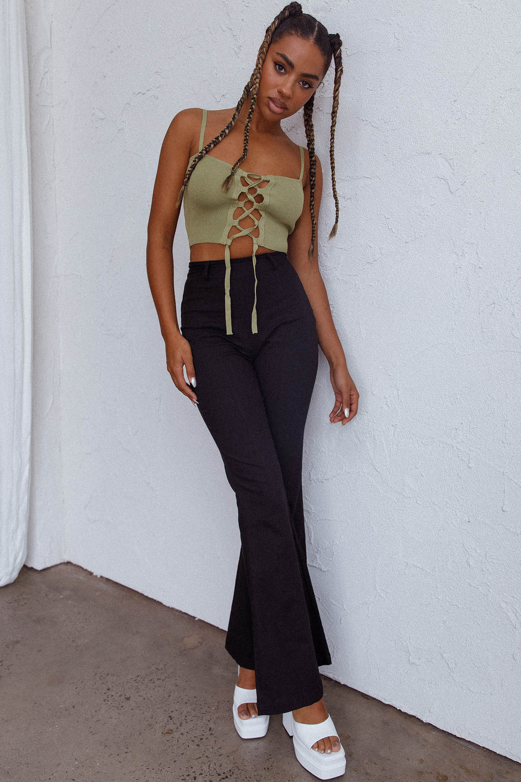 Jori Lace Up Crop Top Olive by Selfie Leslie