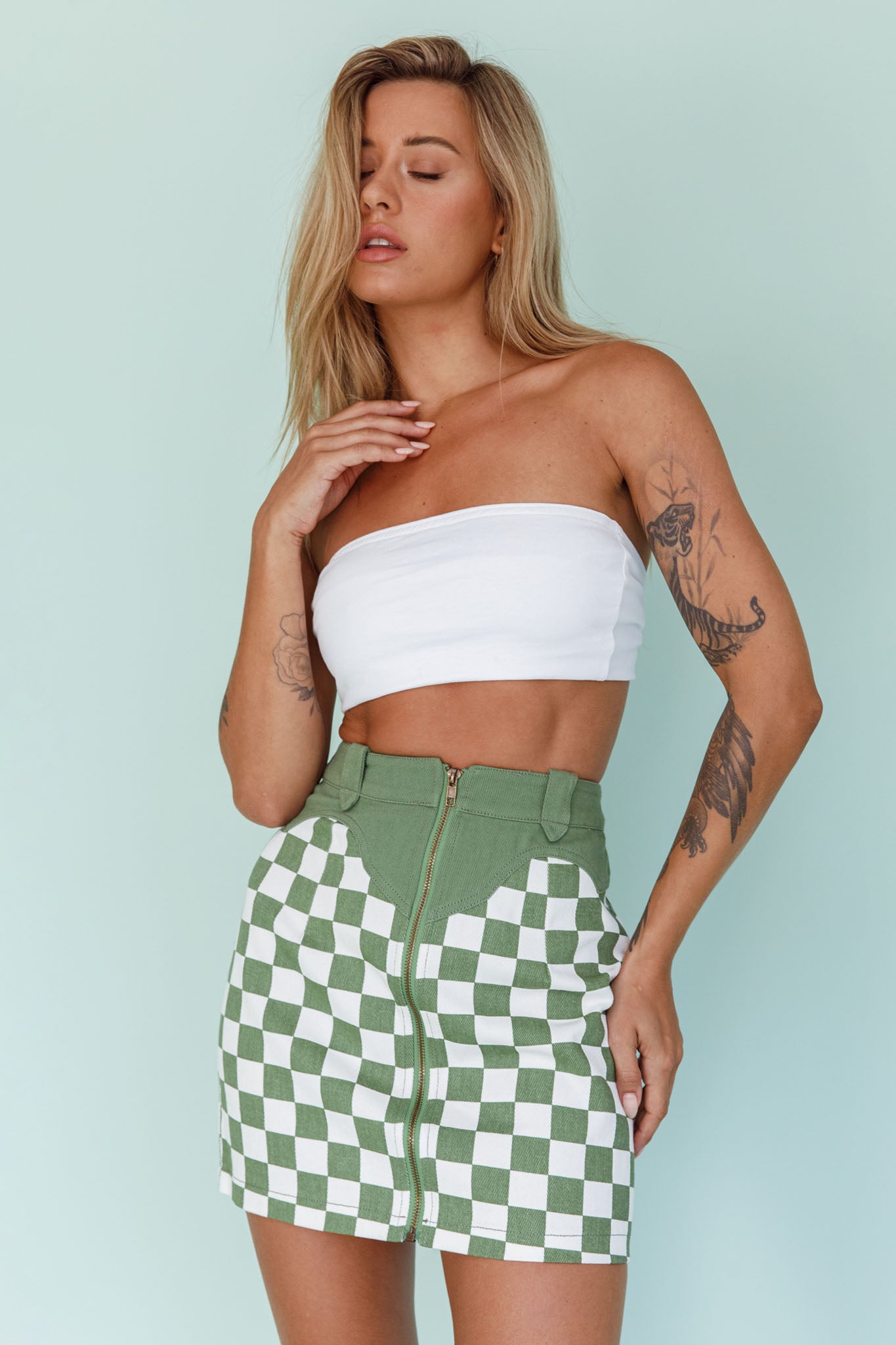Rewind Zipper Front Mini Skirt Checkered Green by Selfie Leslie