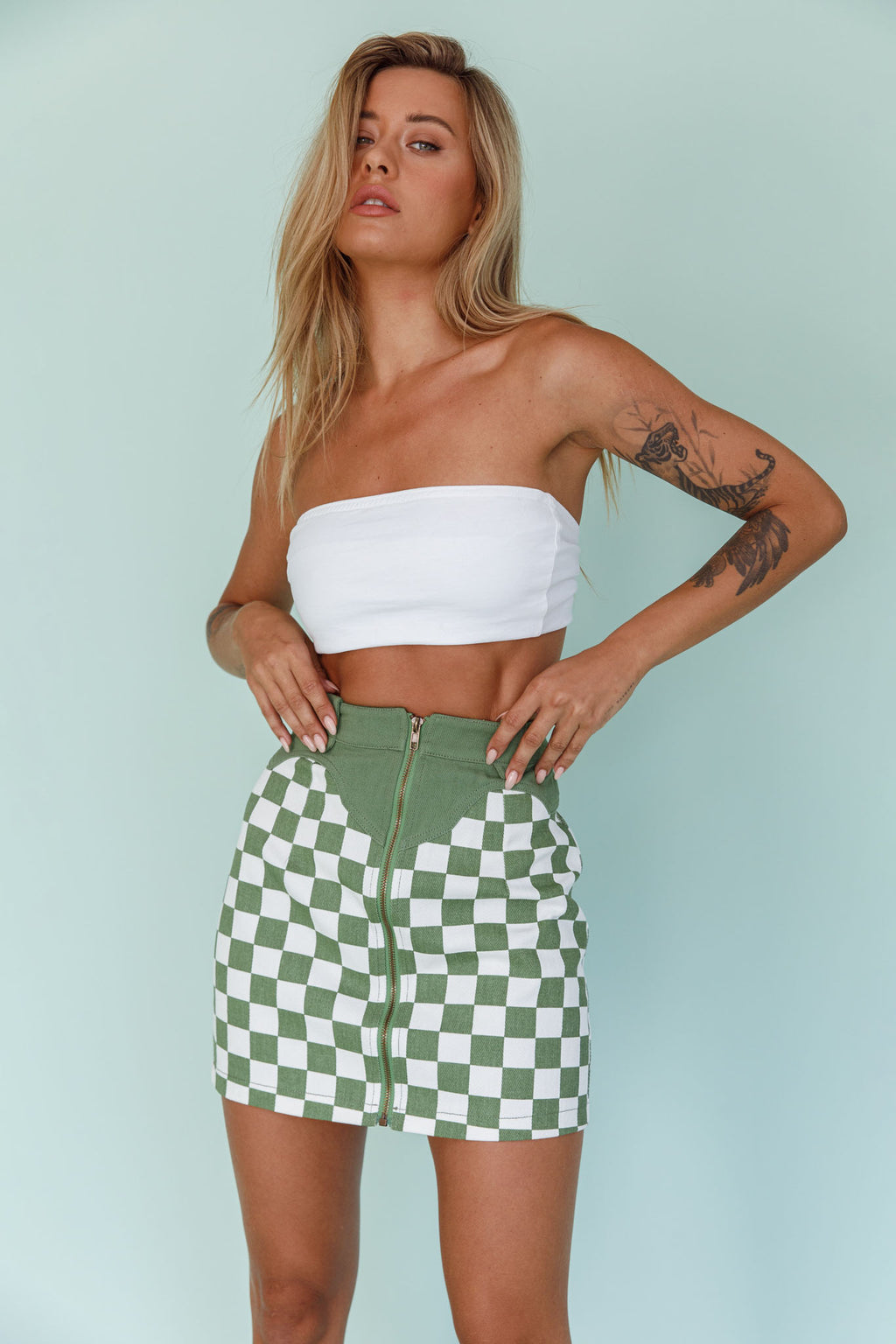 Rewind Zipper Front Mini Skirt Checkered Green by Selfie Leslie