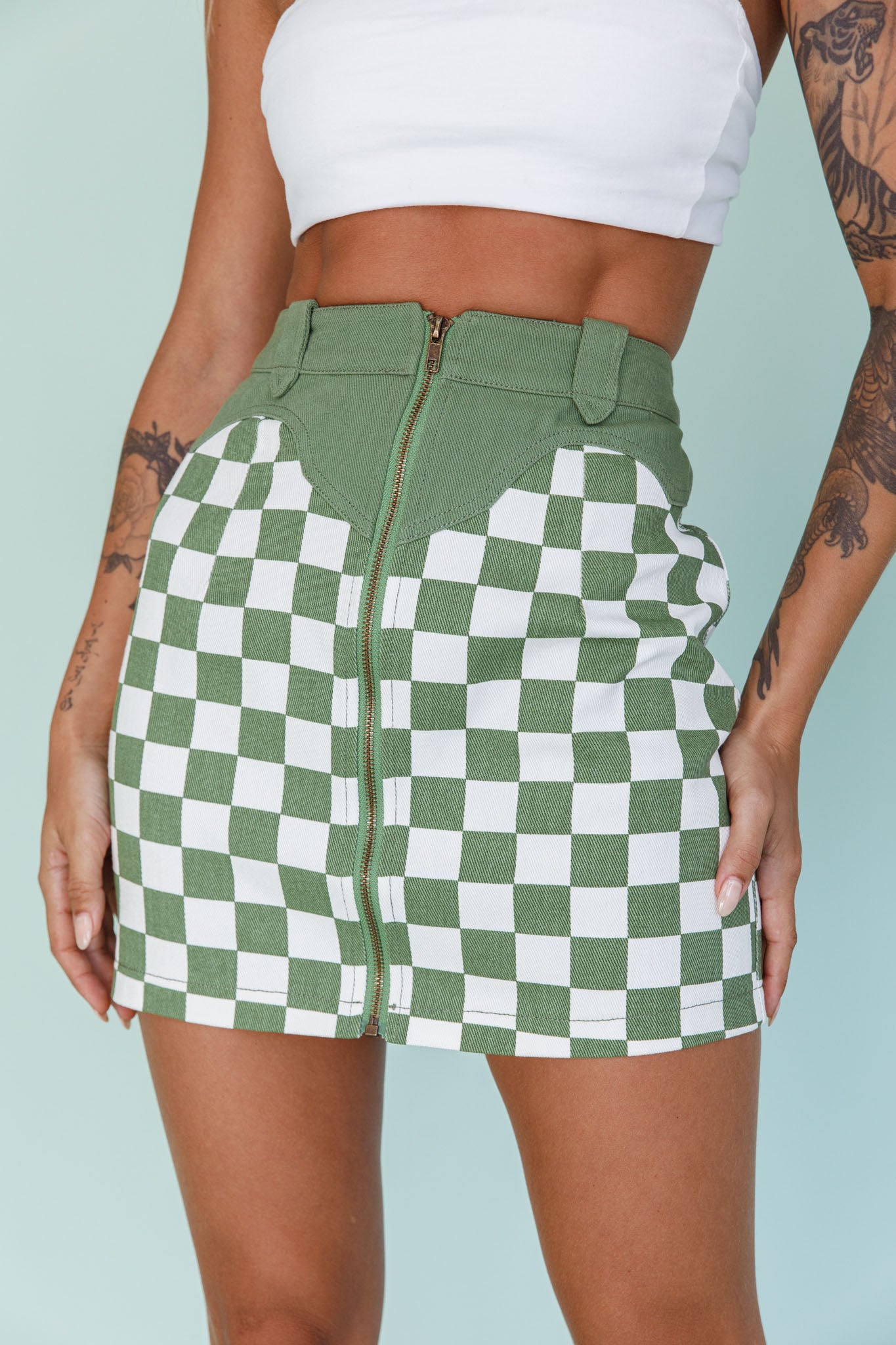 Rewind Zipper Front Mini Skirt Checkered Green by Selfie Leslie