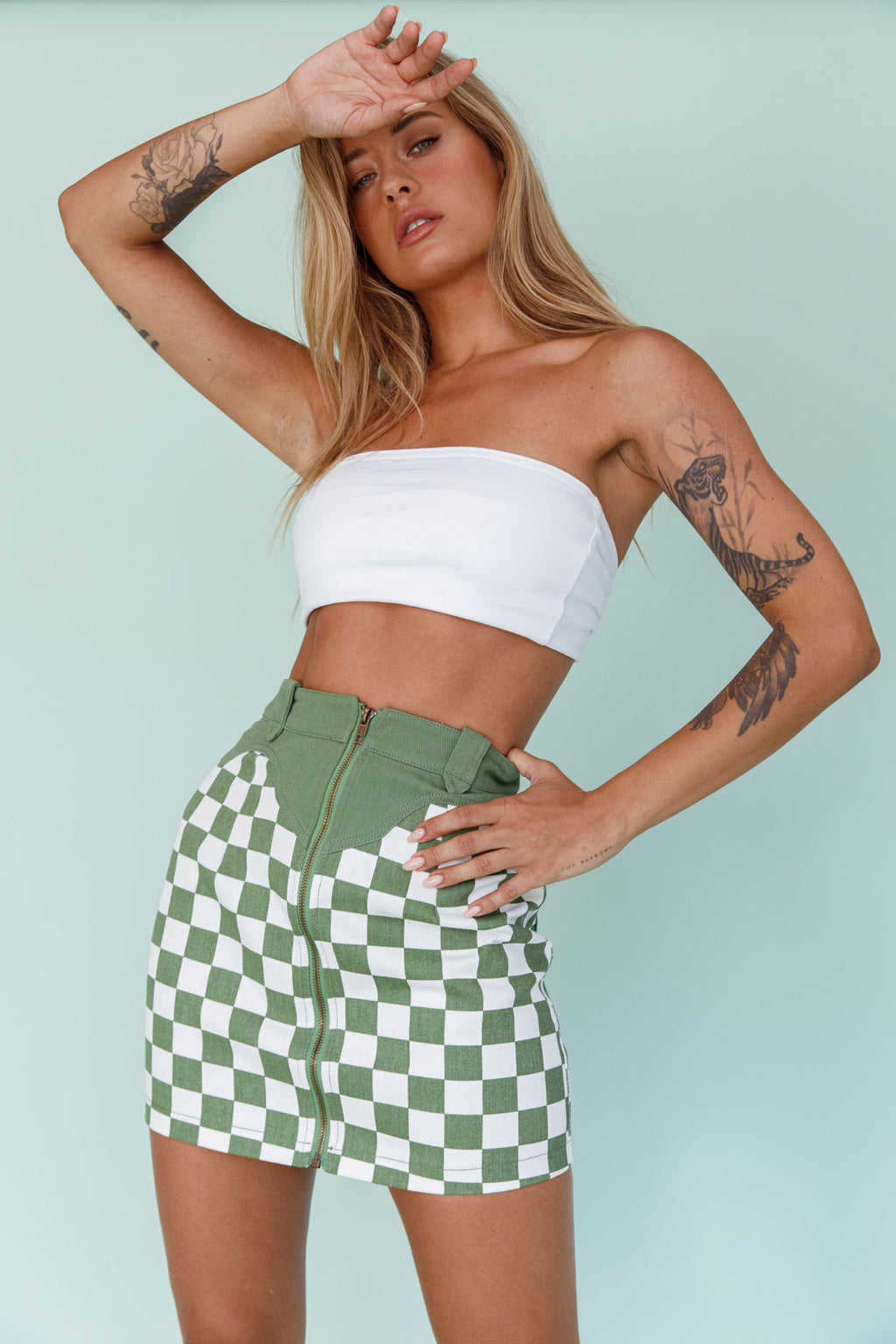 Rewind Zipper Front Mini Skirt Checkered Green by Selfie Leslie