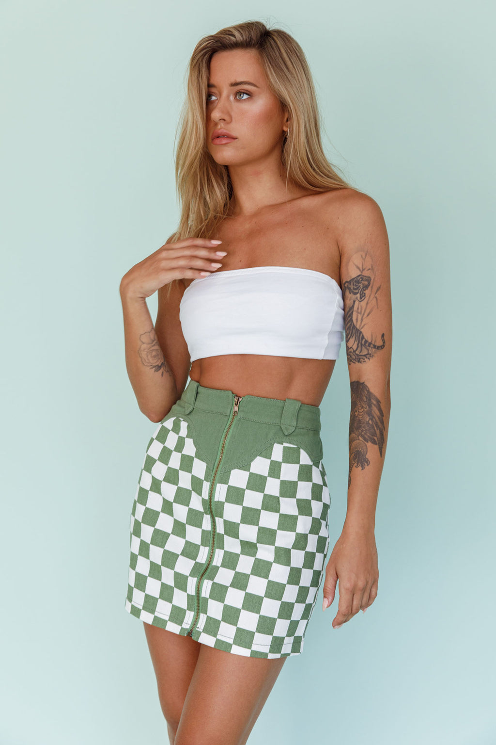 Rewind Zipper Front Mini Skirt Checkered Green by Selfie Leslie