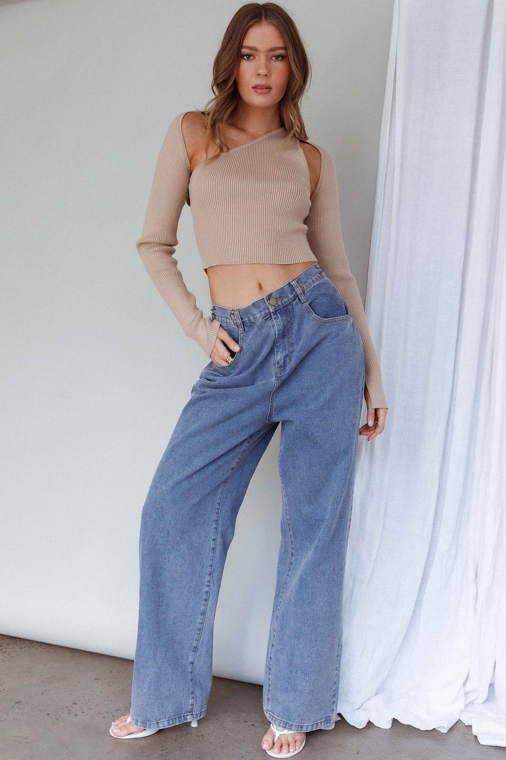 Holland One Shoulder Knit Top & Long Sleeve Shrug Latte by Selfie Leslie