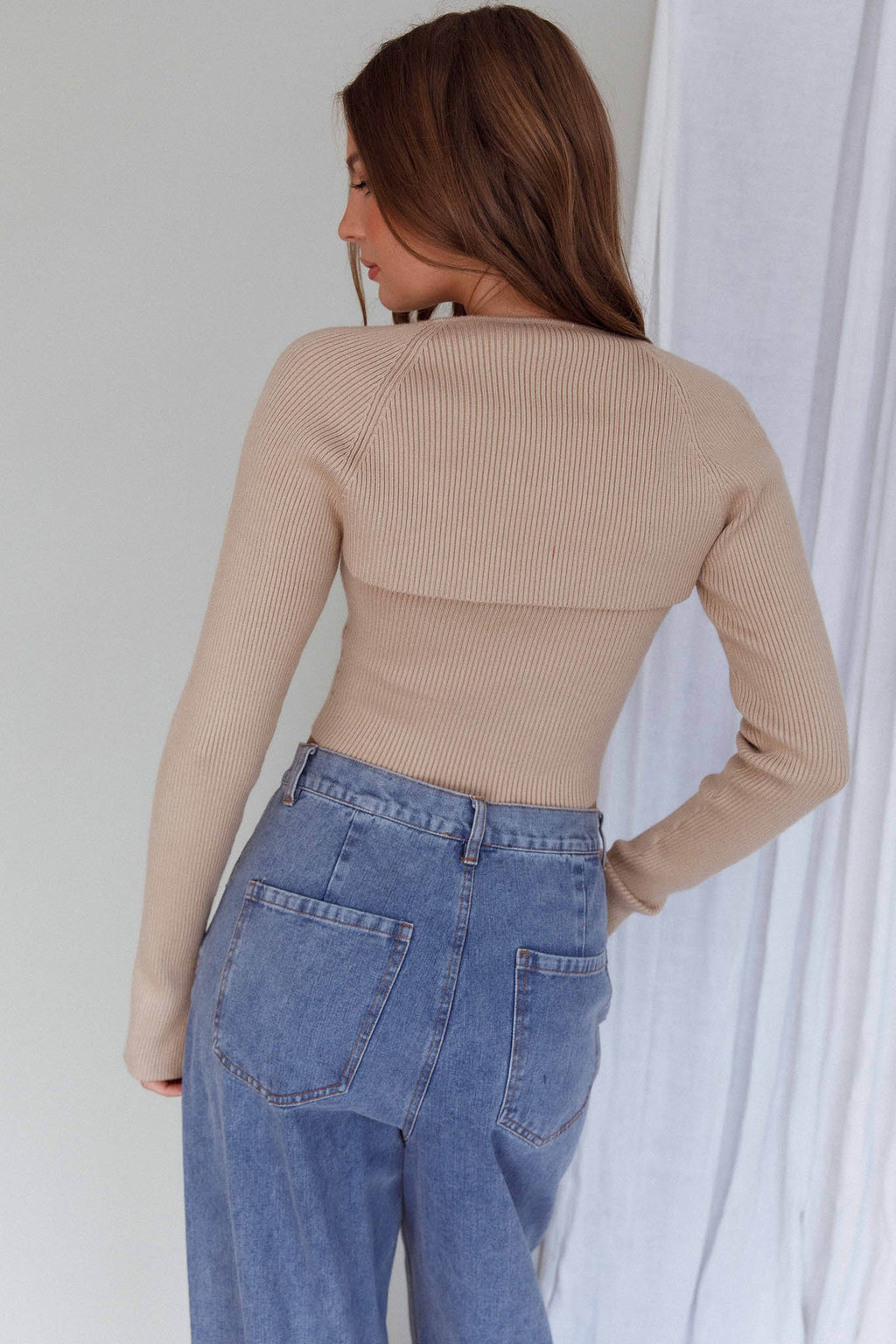 Holland One Shoulder Knit Top & Long Sleeve Shrug Latte by Selfie Leslie