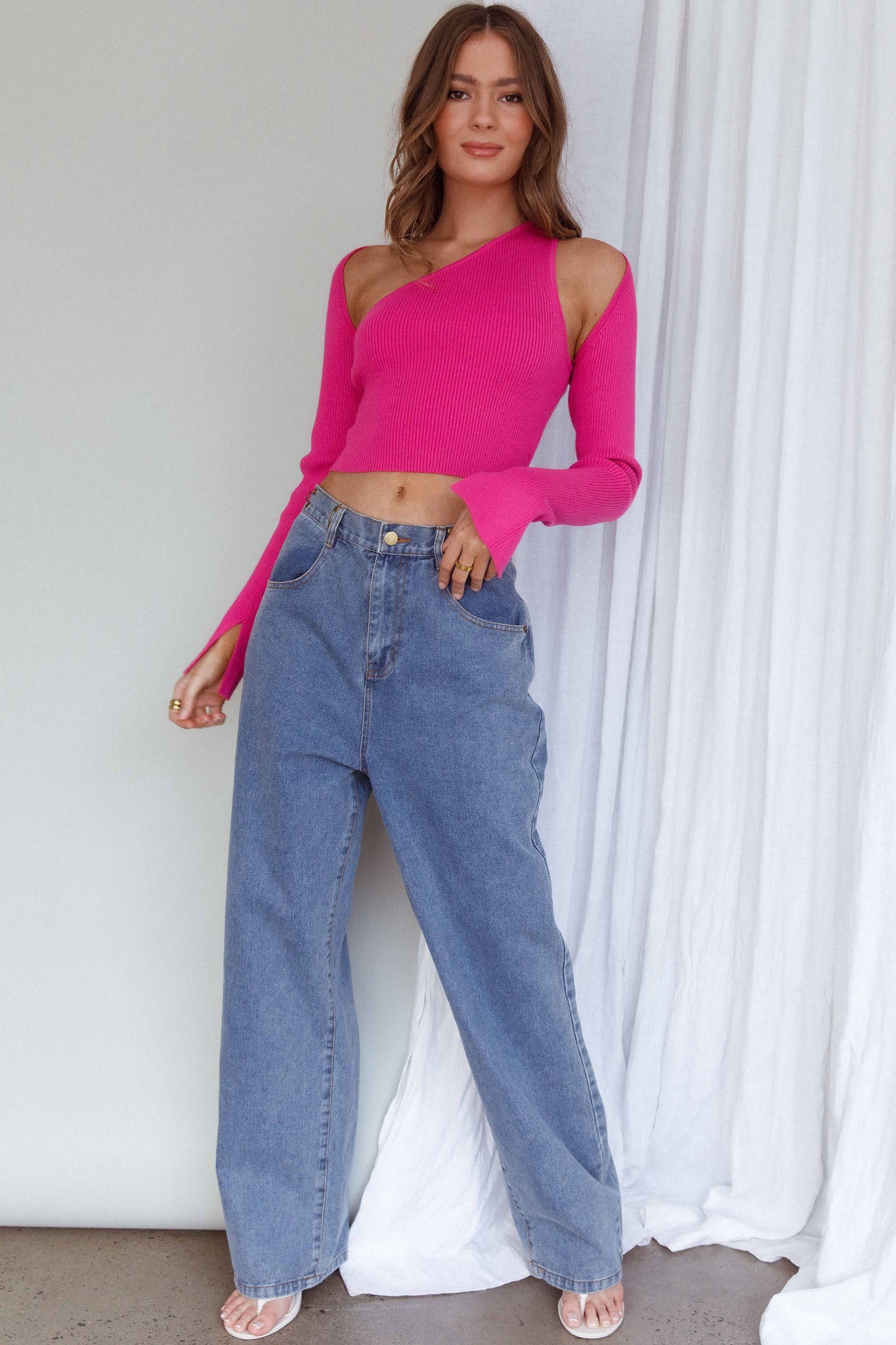 Holland One Shoulder Knit Top & Long Sleeve Shrug Pink by Selfie Leslie