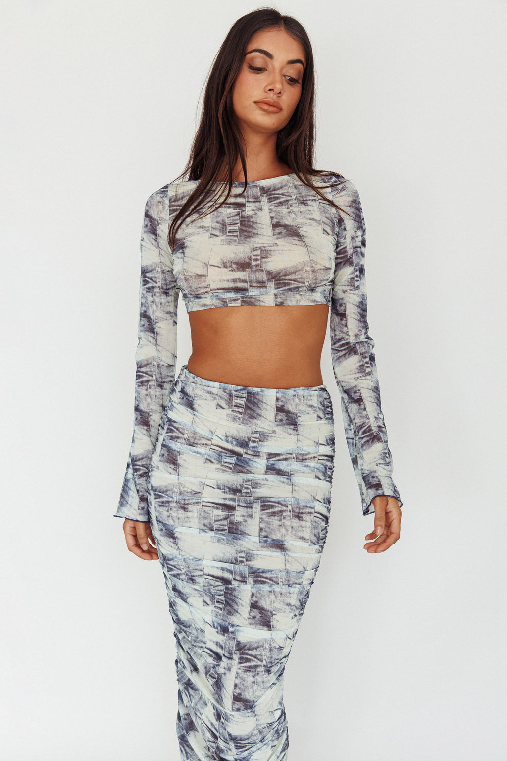 Blue Moons Ruched Midi Skirt Indigo Denim by Selfie Leslie