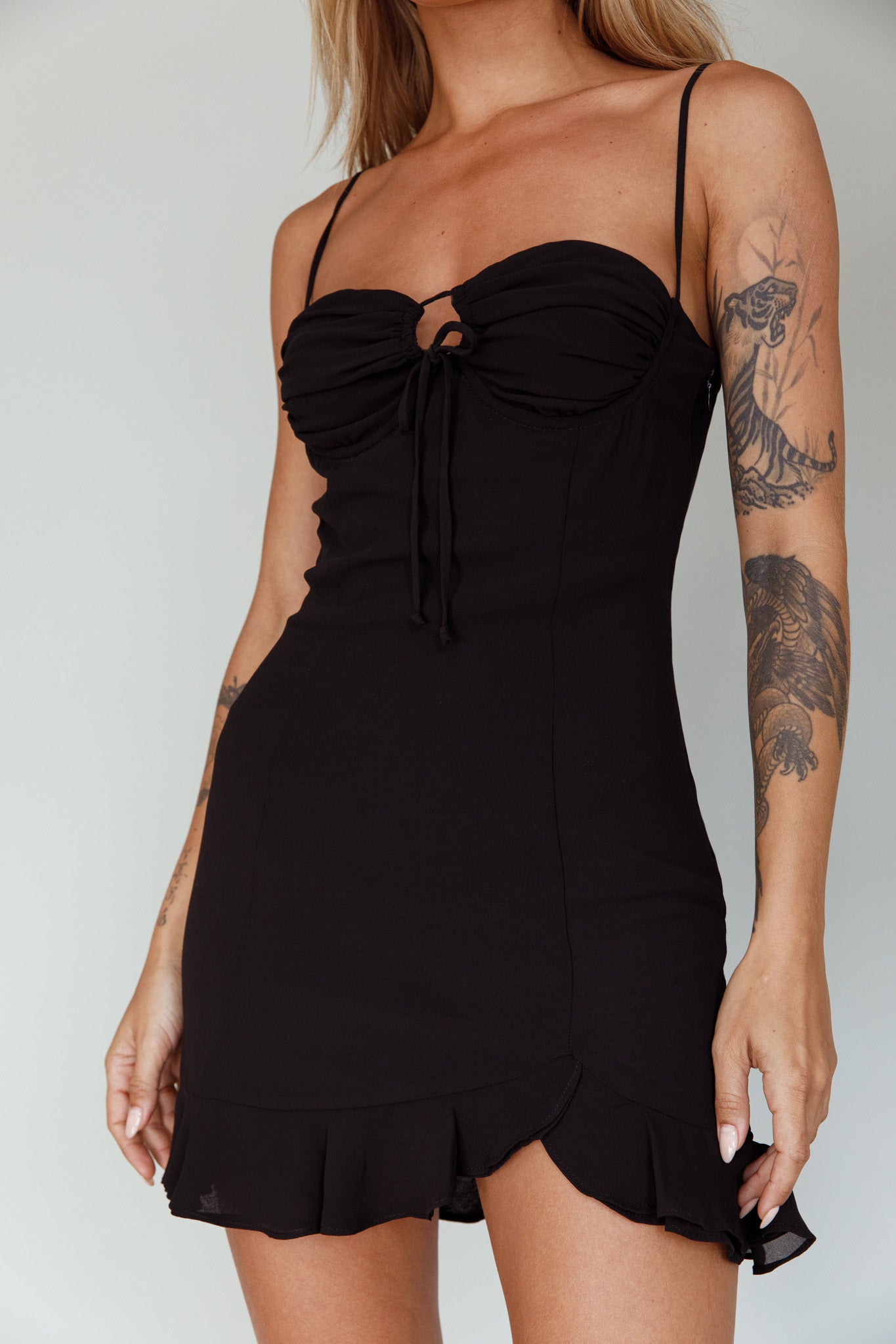 Sky Light Drawstring Bust Mini Dress Black by Selfie Leslie