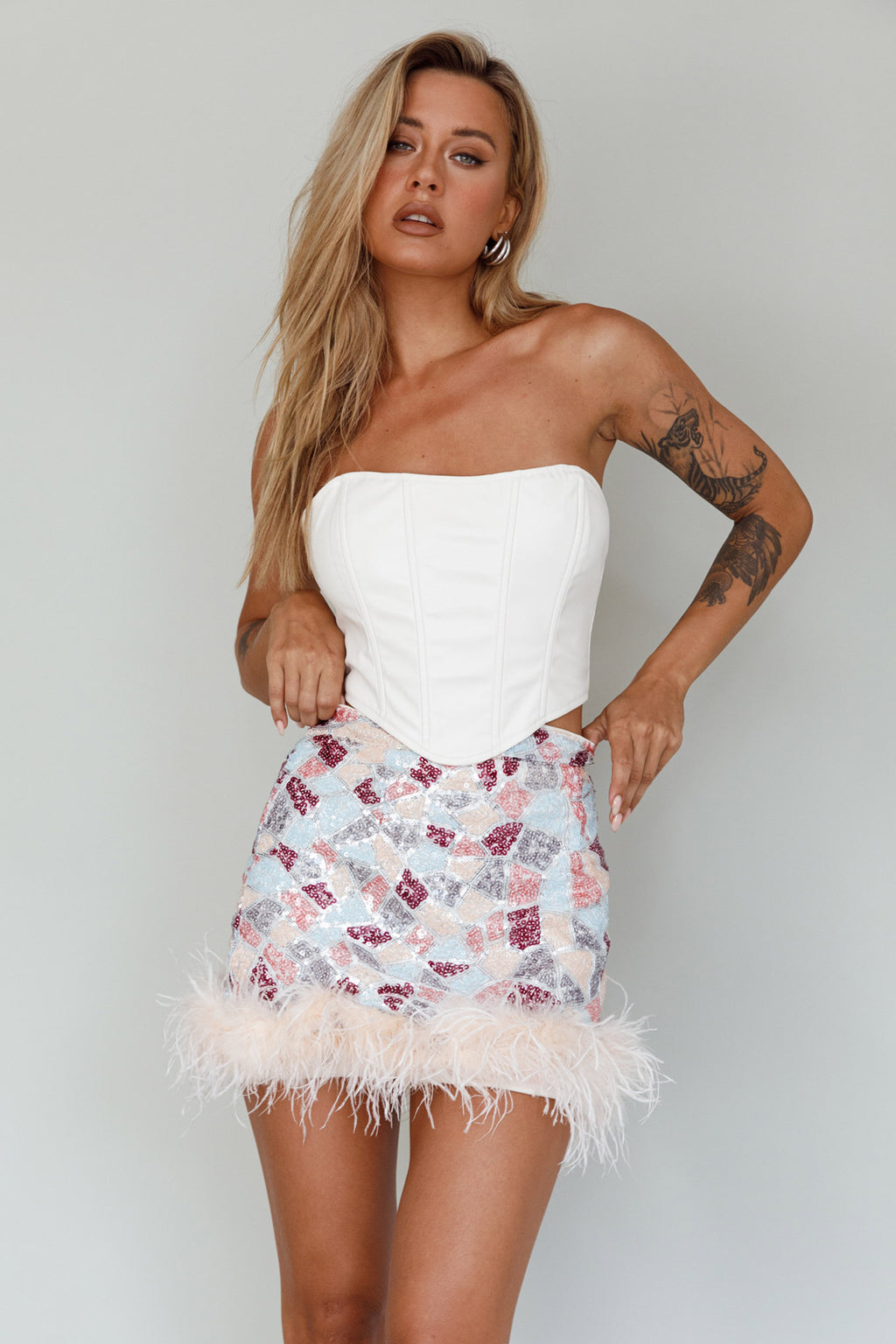 Sunset Boulevard Sequin Feather Mini Skirt Multi by Selfie Leslie
