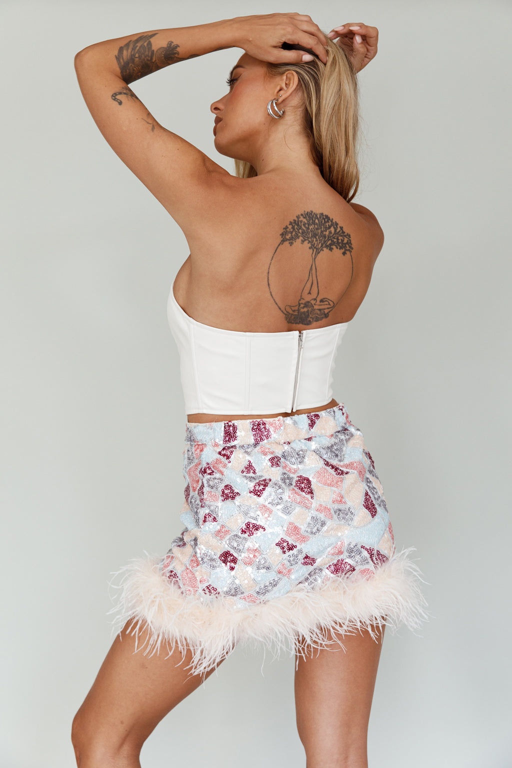 Sunset Boulevard Sequin Feather Mini Skirt Multi by Selfie Leslie