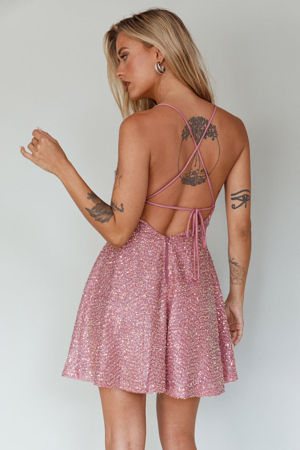 Into The Night Tied Back Sequin Dress Mauve by Selfie Leslie