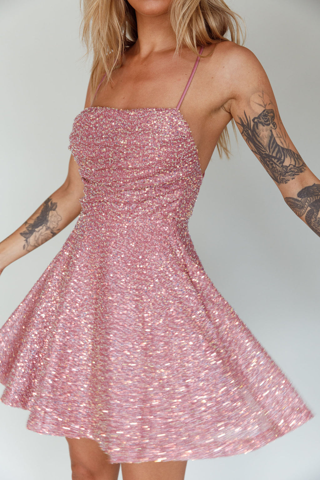 Into The Night Tied Back Sequin Dress Mauve by Selfie Leslie