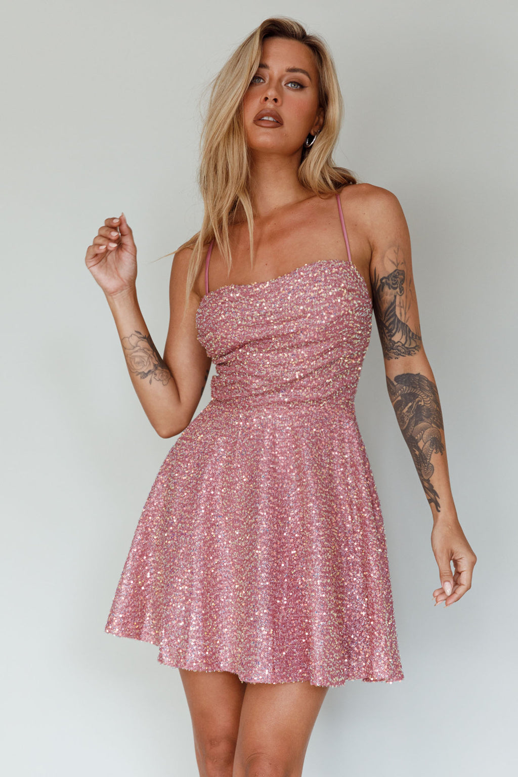 Into The Night Tied Back Sequin Dress Mauve by Selfie Leslie